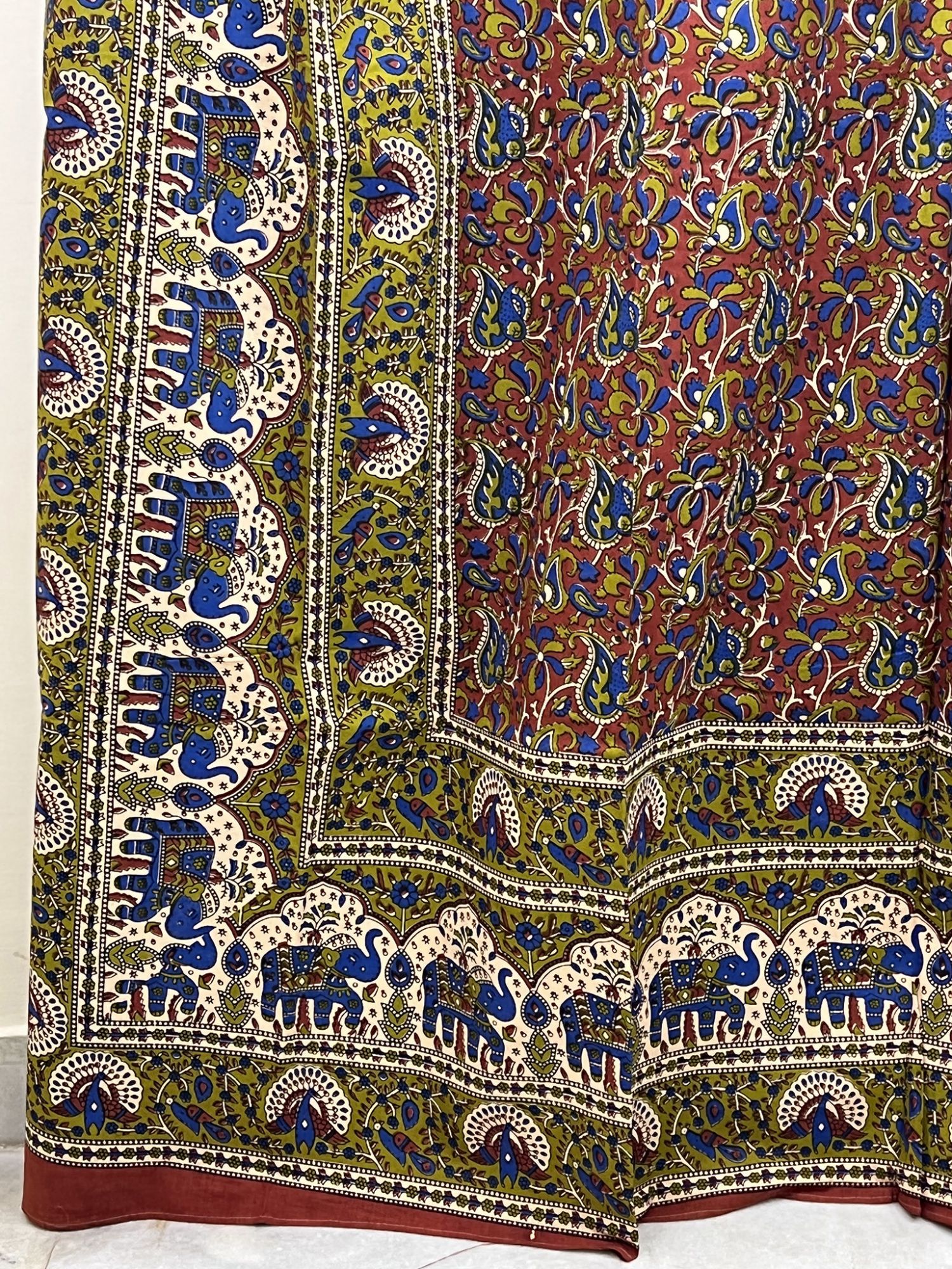 Bagru Pure Cotton Handmade Artisanal Kingsize Double Bedsheet Warm Beige Dark Maroon Red Green Vineyard Elephant Motif Border