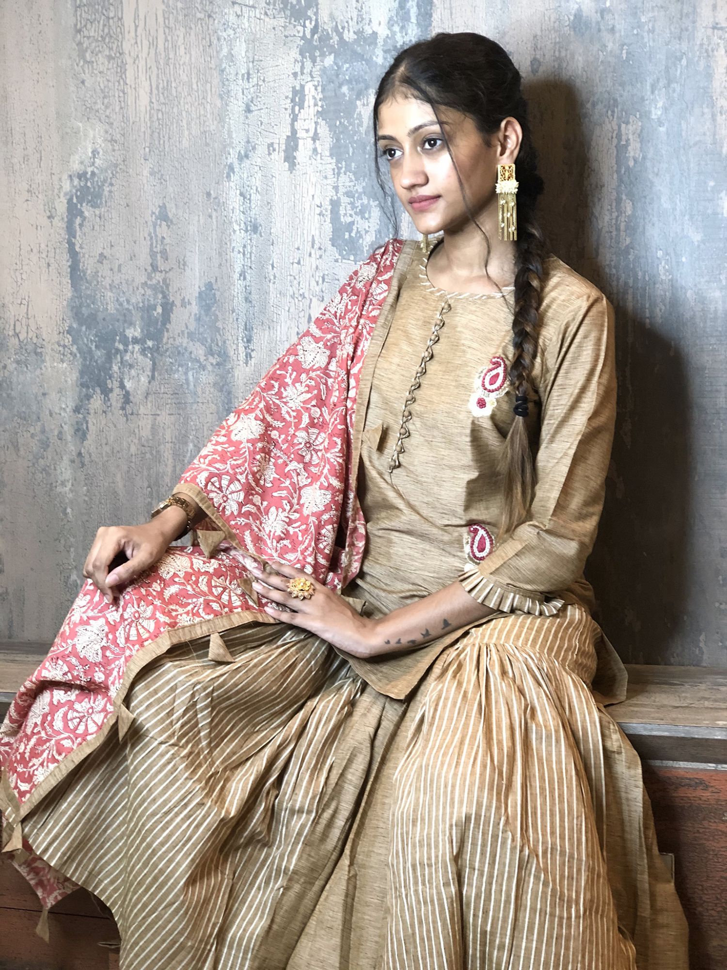 Gulzar Cotton Silk Kurta Sharara Dupatta Set Golden Brown