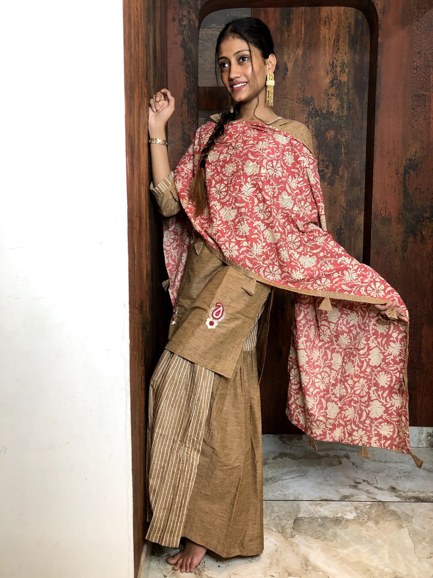 Gulzar Cotton Silk Kurta Sharara Dupatta Set Golden Brown