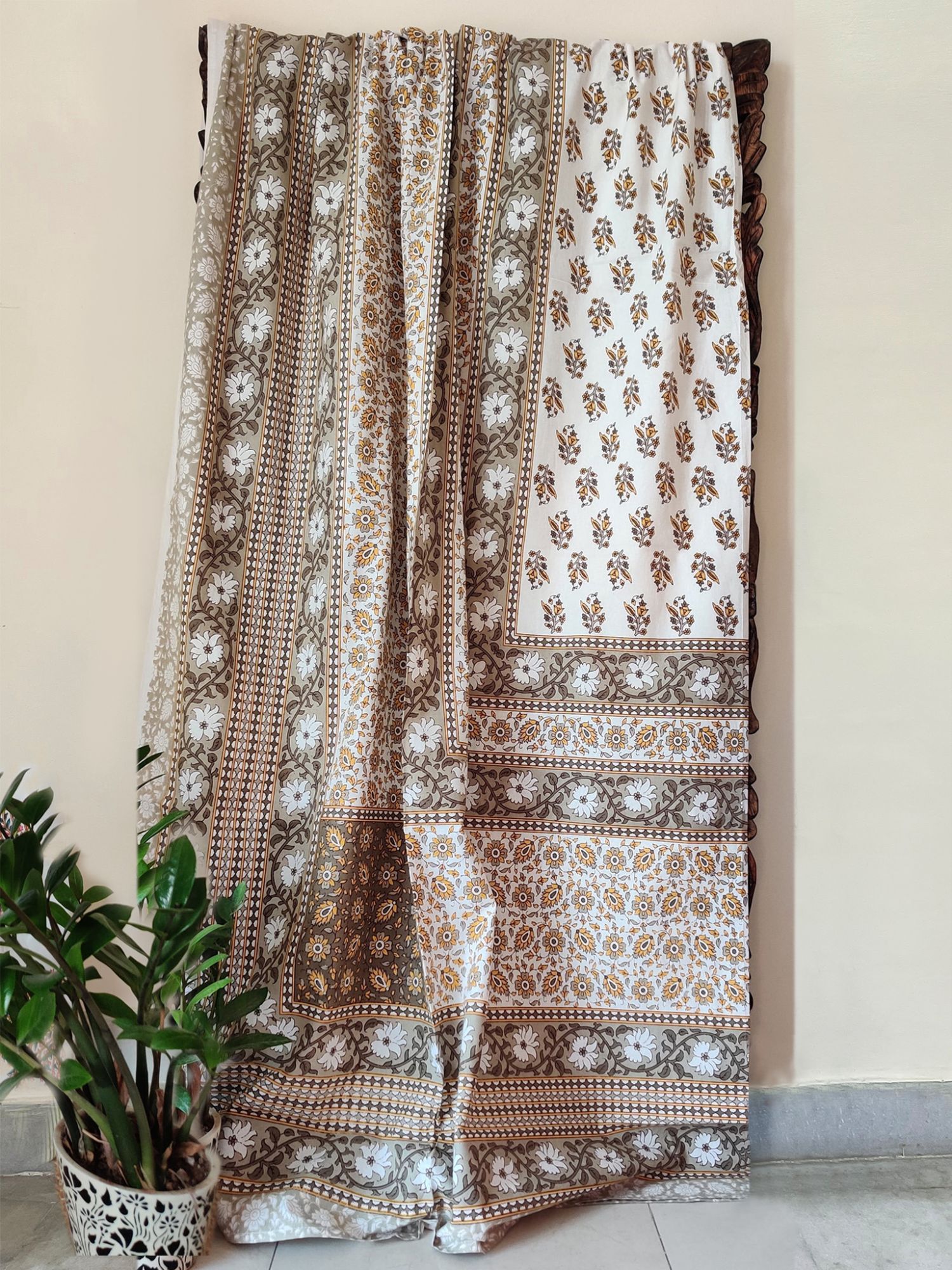 Nakshikatha Pure Cotton Handmade Artisanal Kingsize Double Bedsheet Floral Dirty Grey Mustard Yellow