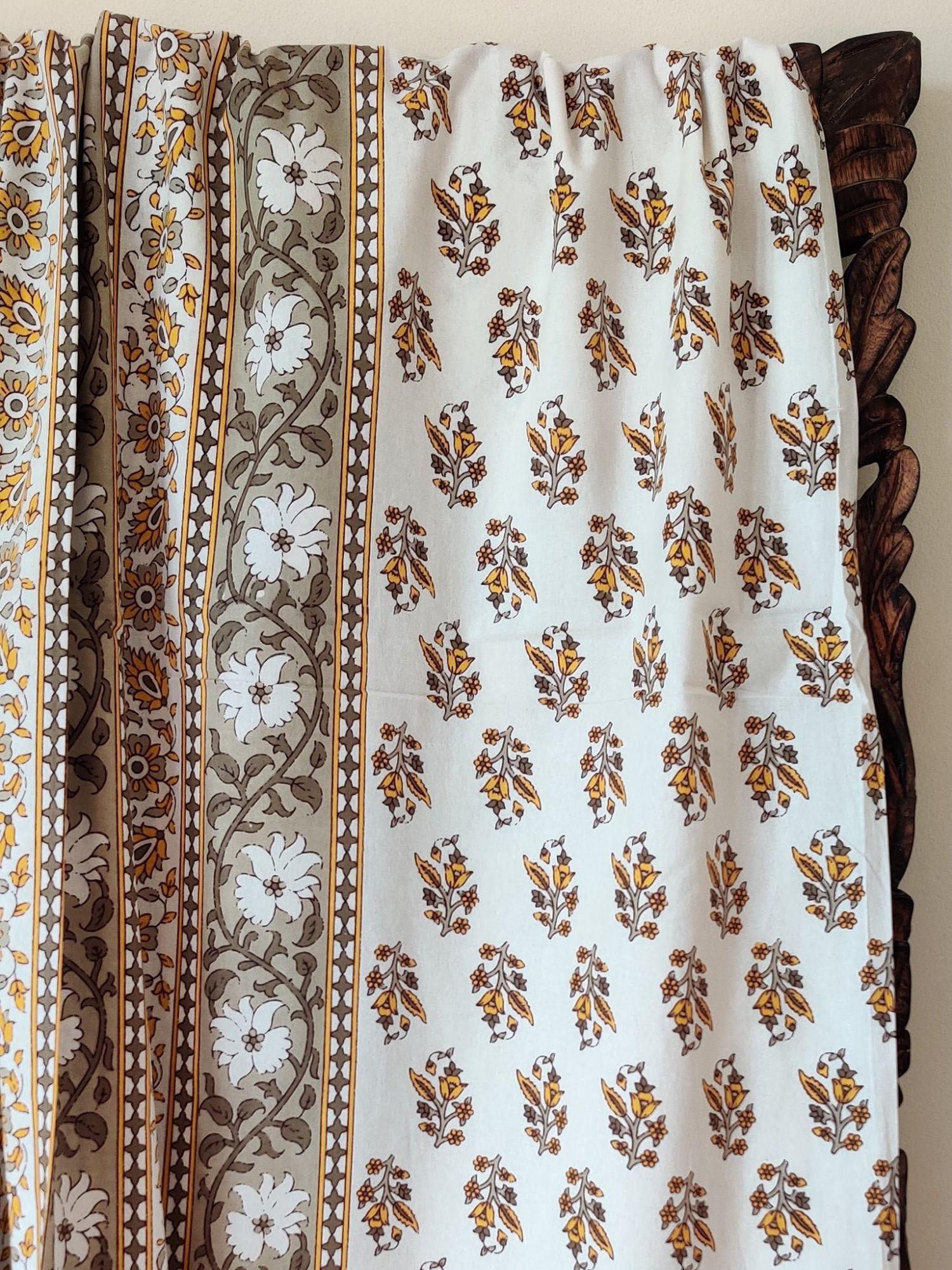 Nakshikatha Pure Cotton Handmade Artisanal Kingsize Double Bedsheet Floral Dirty Grey Mustard Yellow