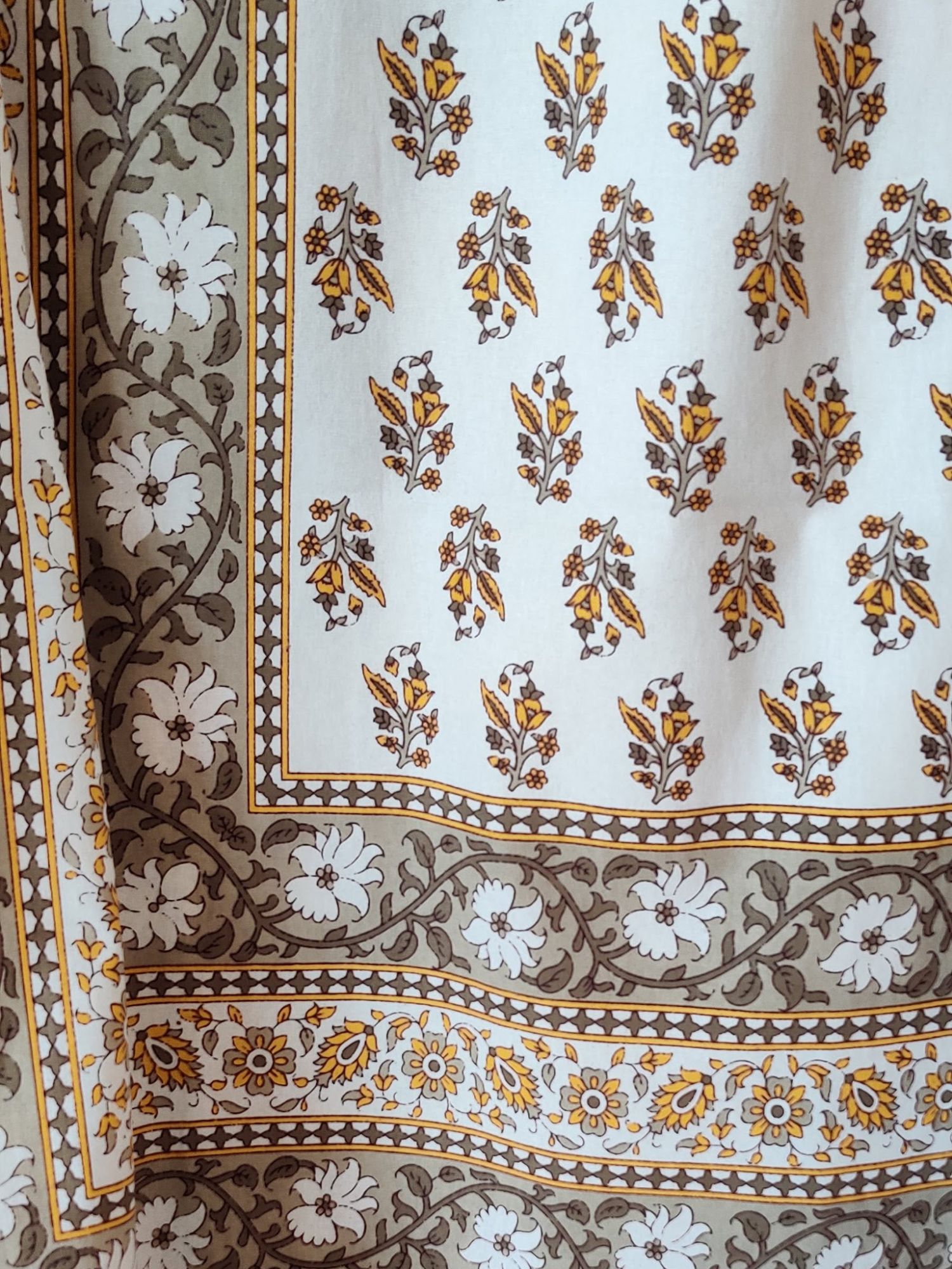 Nakshikatha Pure Cotton Handmade Artisanal Kingsize Double Bedsheet Floral Dirty Grey Mustard Yellow