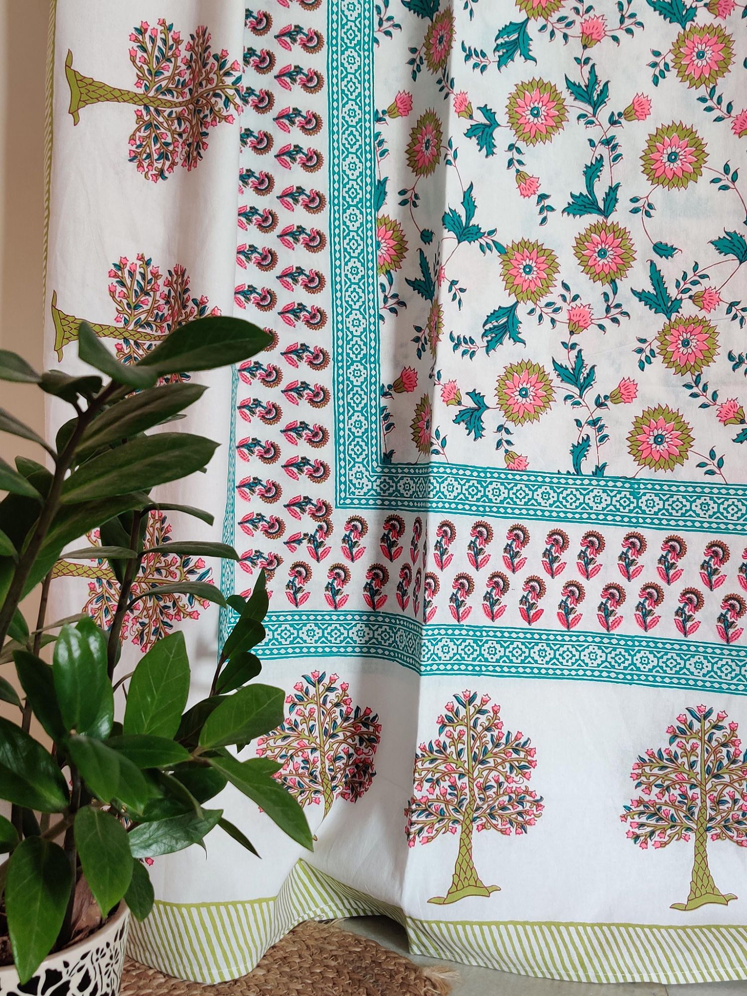 Nakshikatha Pure Cotton Handmade Artisanal Kingsize Double Bedsheet Blooming Tree Motif Teal Green Mehendi Green