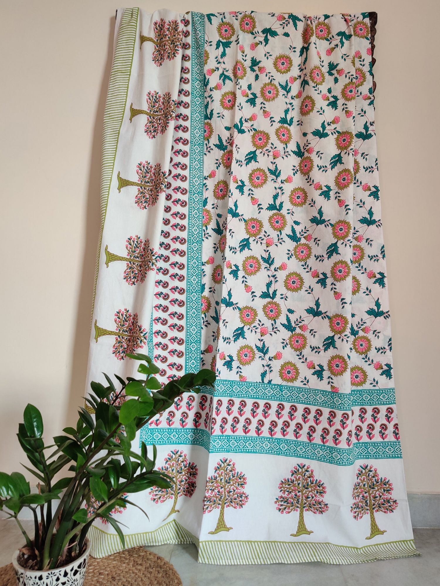 Nakshikatha Pure Cotton Handmade Artisanal Kingsize Double Bedsheet Blooming Tree Motif Teal Green Mehendi Green