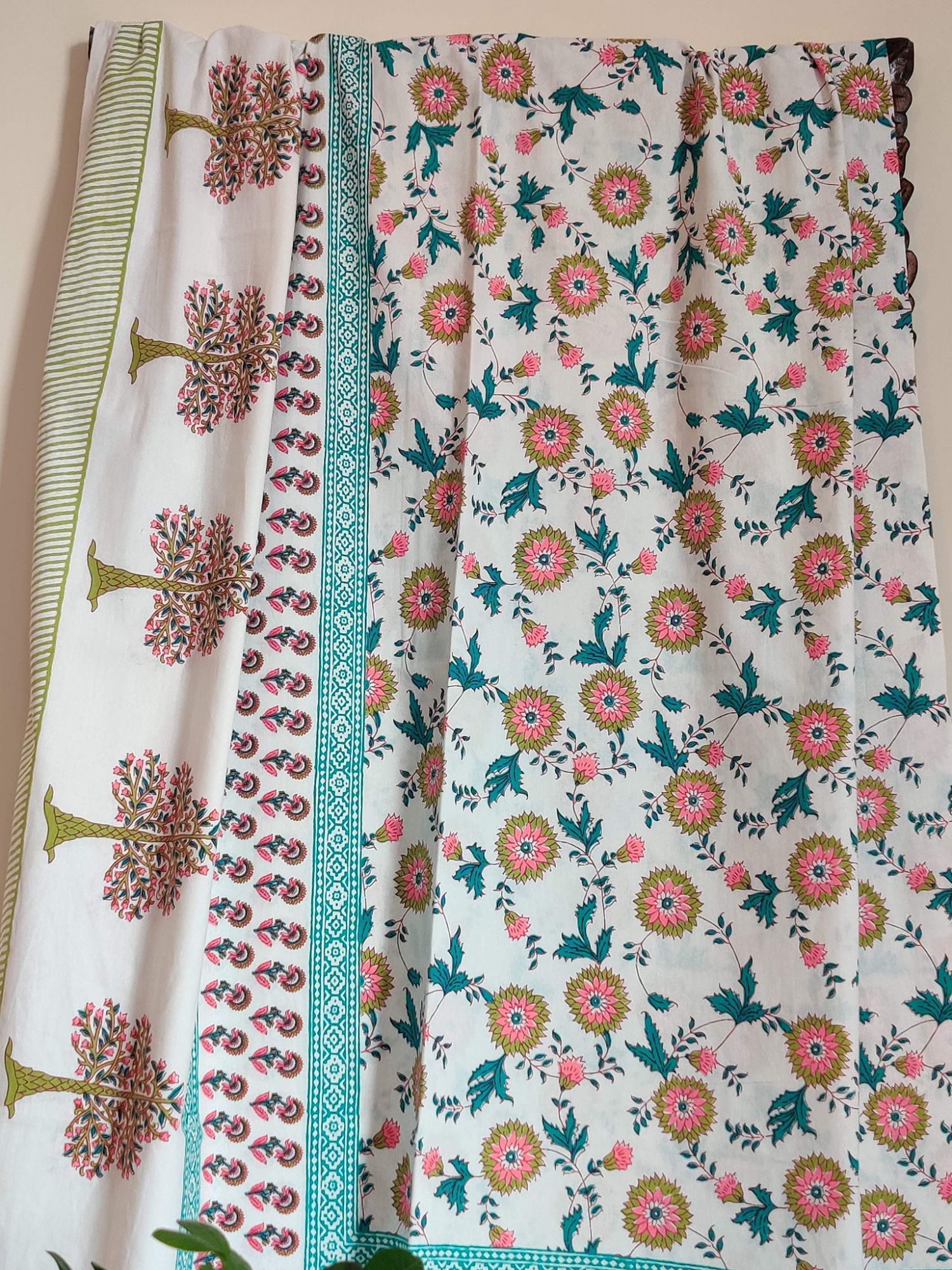 Nakshikatha Pure Cotton Handmade Artisanal Kingsize Double Bedsheet Blooming Tree Motif Teal Green Mehendi Green