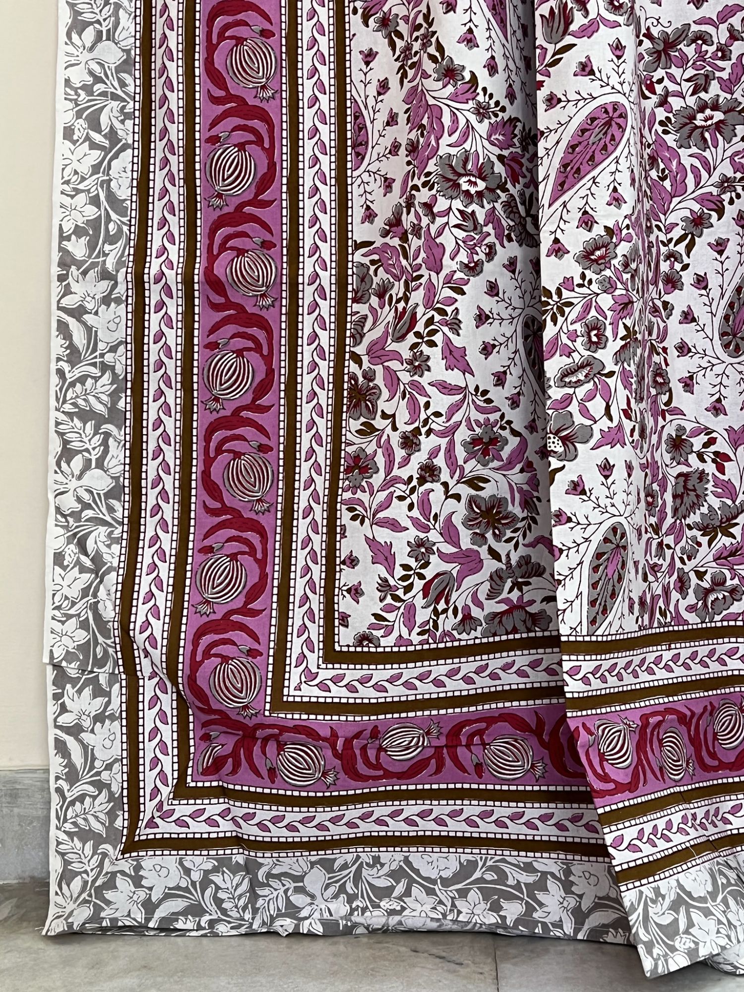 Baageecha Pure Cotton Handmade Artisanal Kingsize Double Bedsheet Paisley Motif Deep Magenta Gray