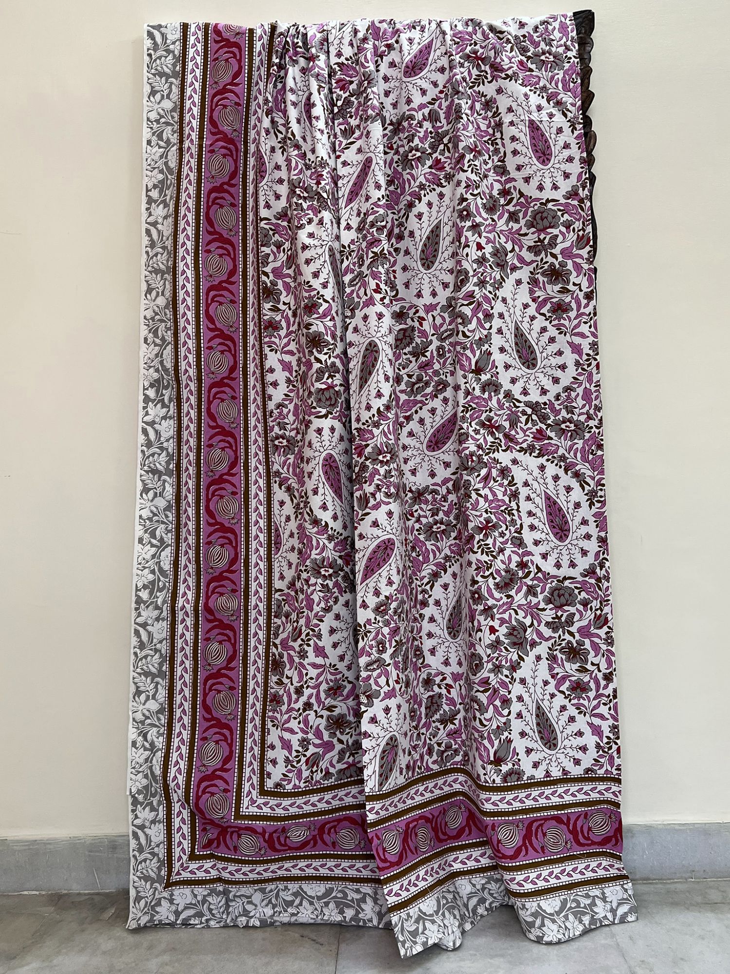 Baageecha Pure Cotton Handmade Artisanal Kingsize Double Bedsheet Paisley Motif Deep Magenta Gray