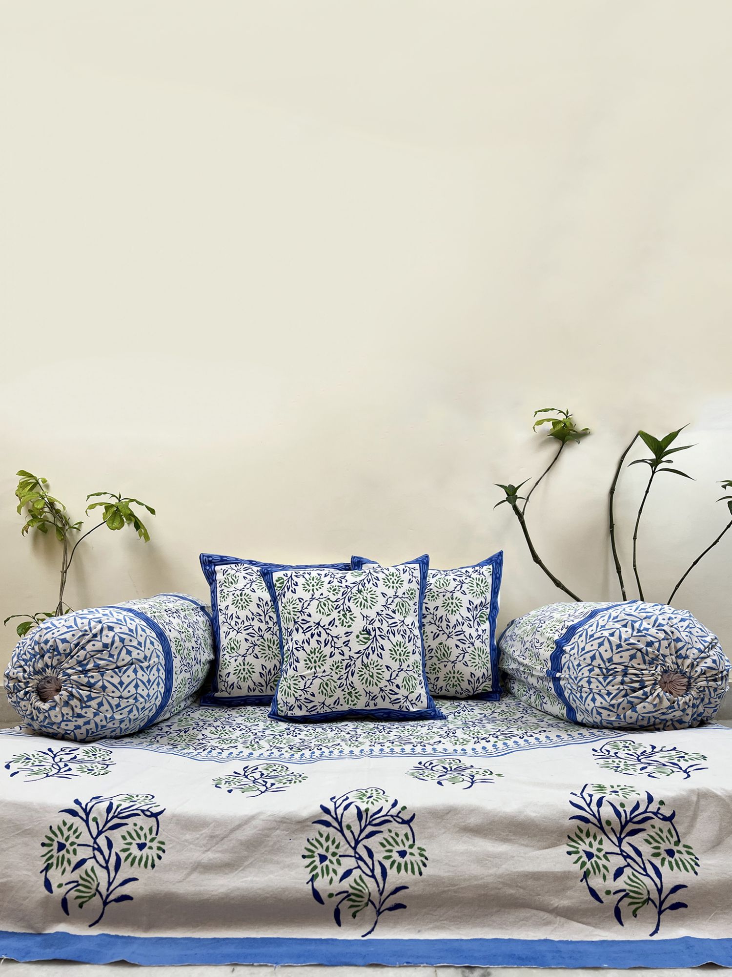 Kabshah Pure Cotton hand block Printed Diwan Set Blue