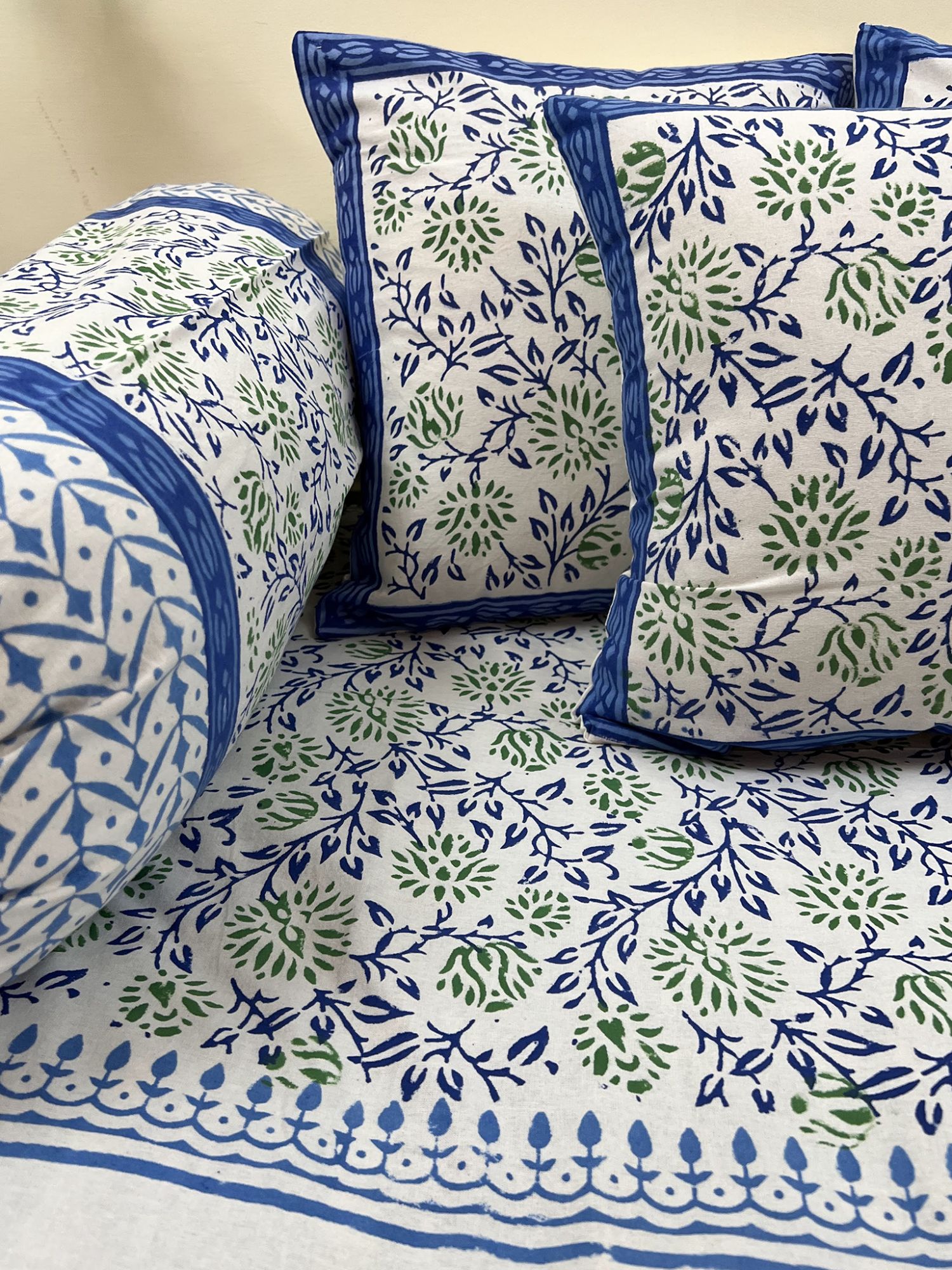 Kabshah Pure Cotton hand block Printed Diwan Set Blue