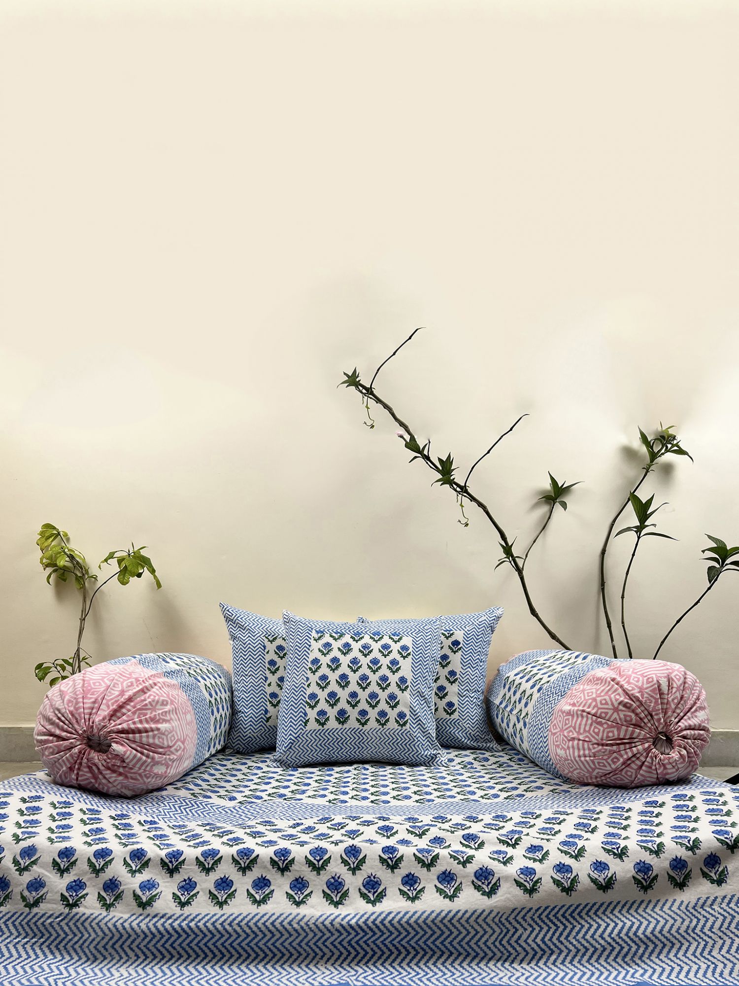 Kabshah Pure Cotton hand block Printed Diwan Set Blue Green