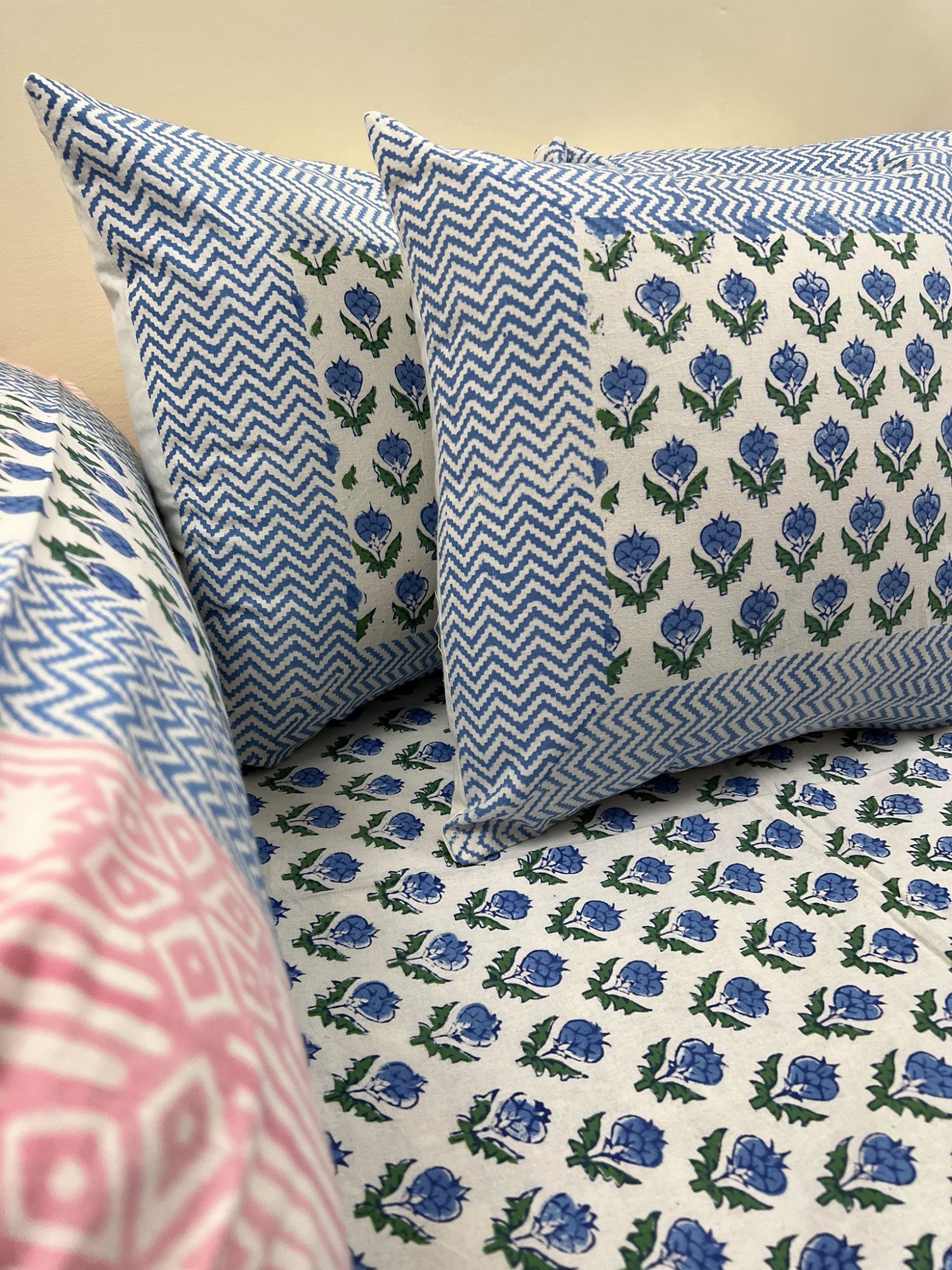 Kabshah Pure Cotton hand block Printed Diwan Set Blue Green