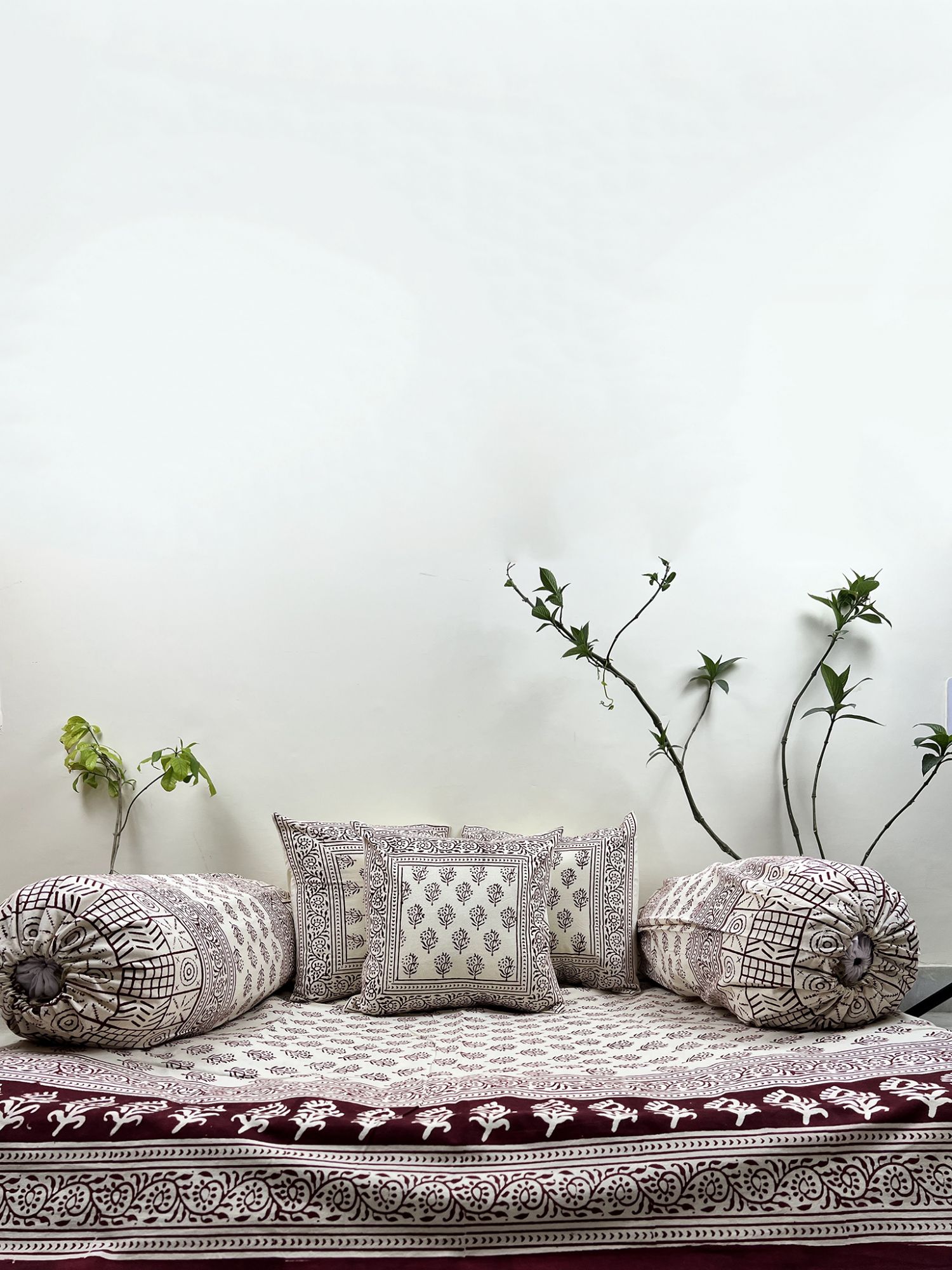 Kabshah Pure Cotton hand block Printed Diwan Set Dark Maroon