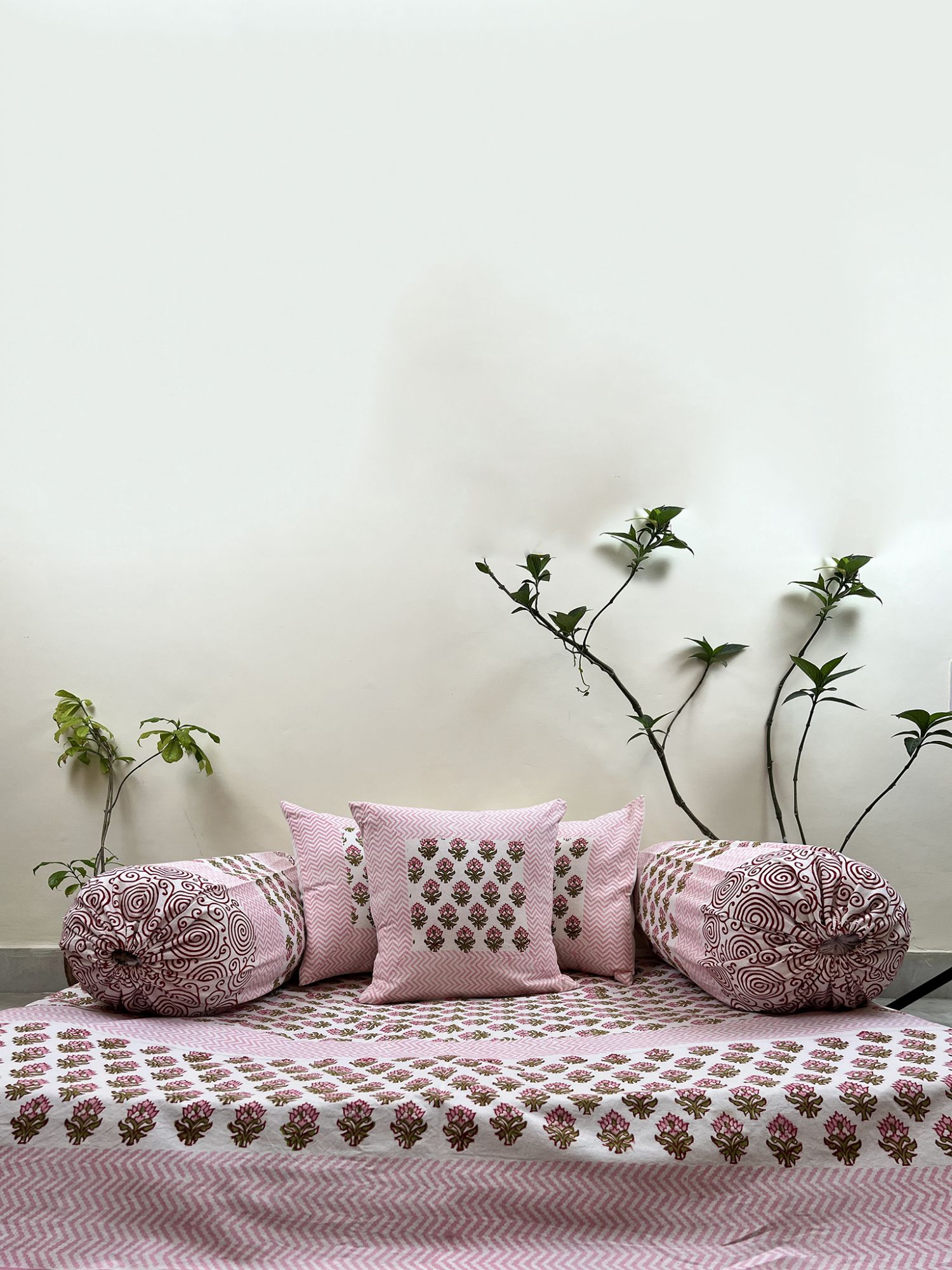 Kabshah Pure Cotton hand block Printed Diwan Set Pink Olive