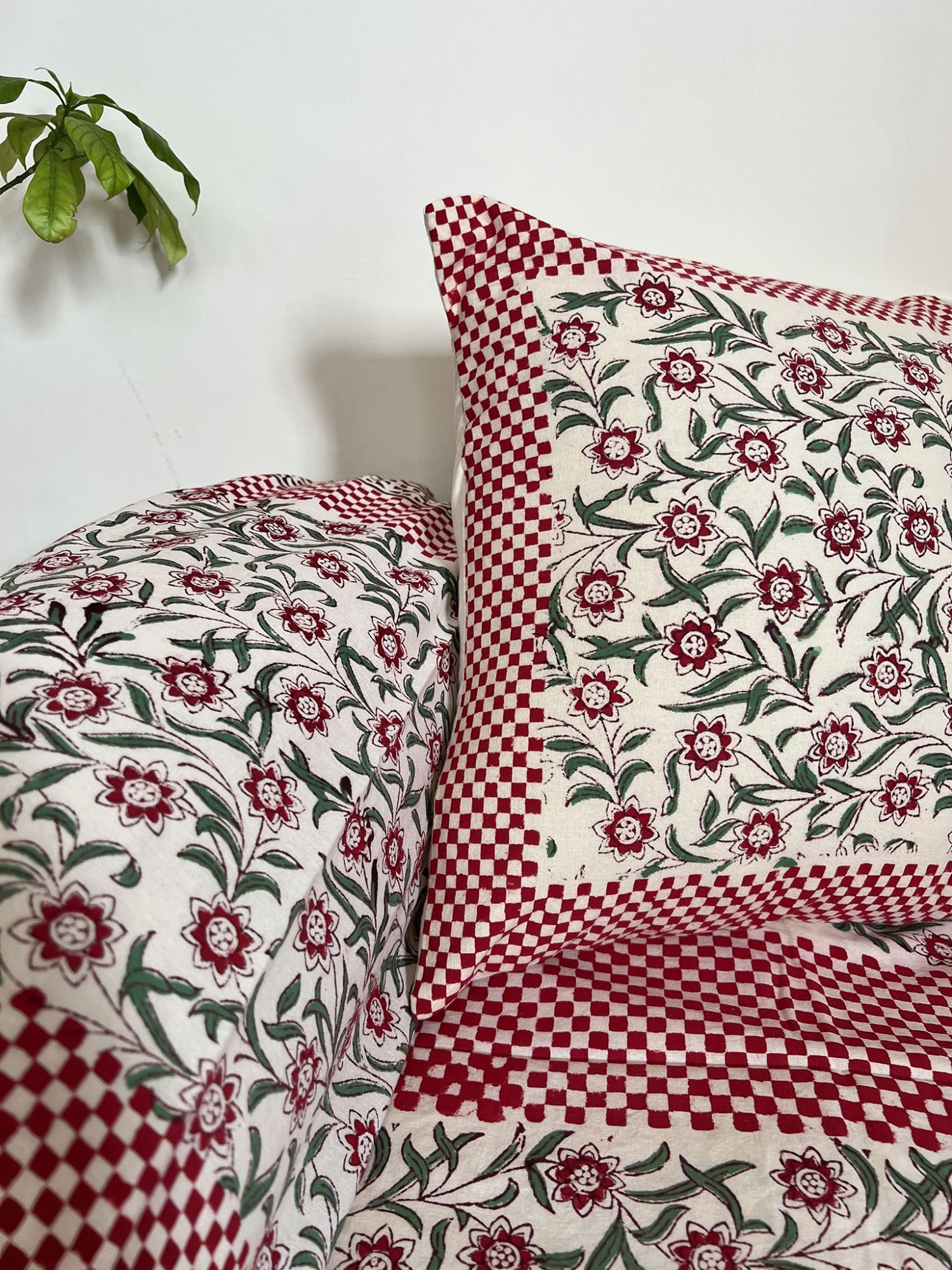 Kabshah Pure Cotton hand block Printed Diwan Set Ruby Red Green