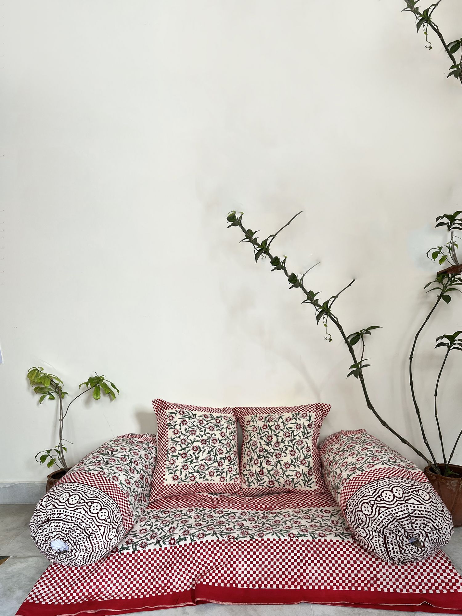 Kabshah Pure Cotton hand block Printed Diwan Set Ruby Red Green