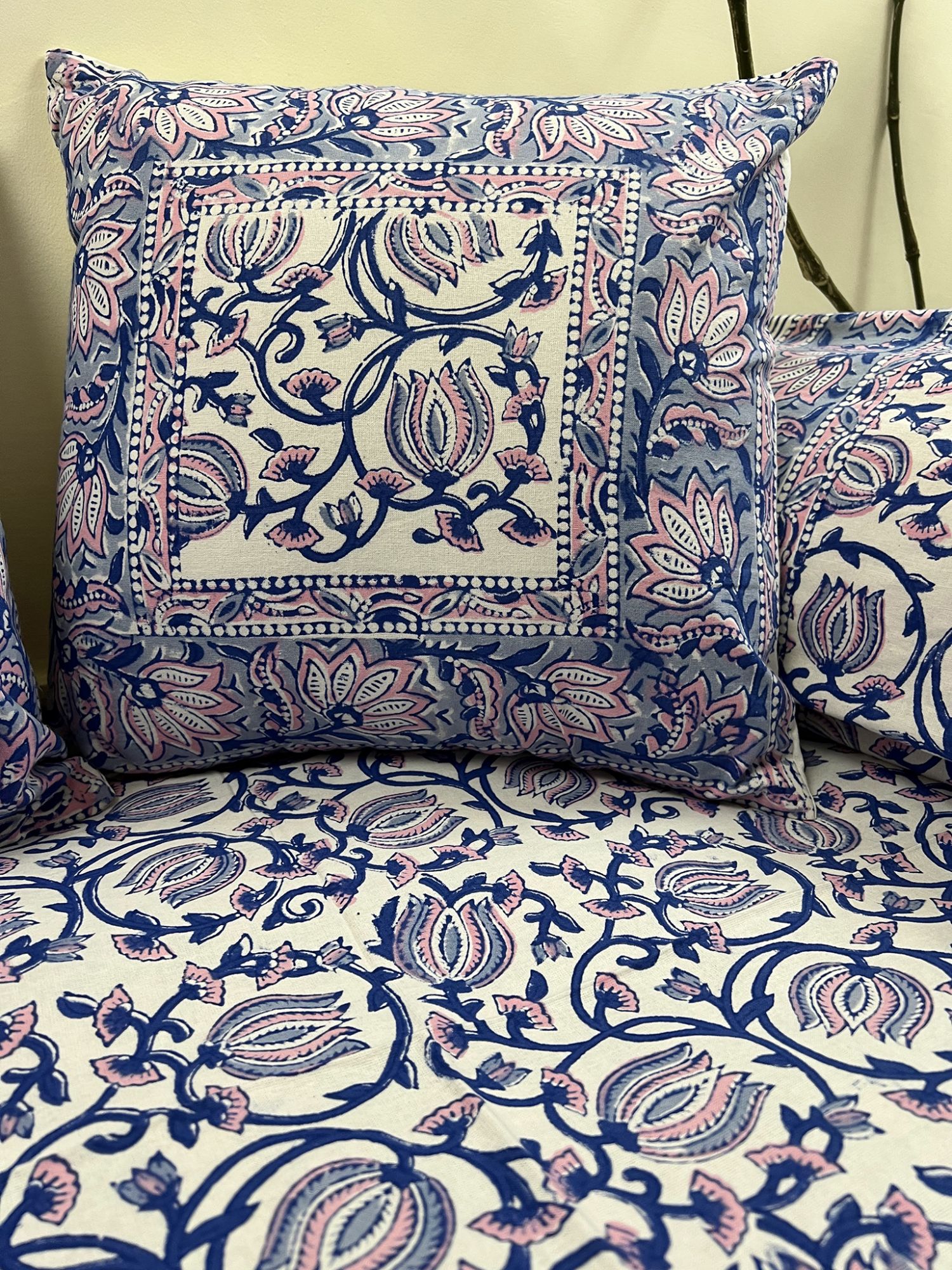 Kabshah Pure Cotton hand block Printed Diwan Set Steel Blue Pink