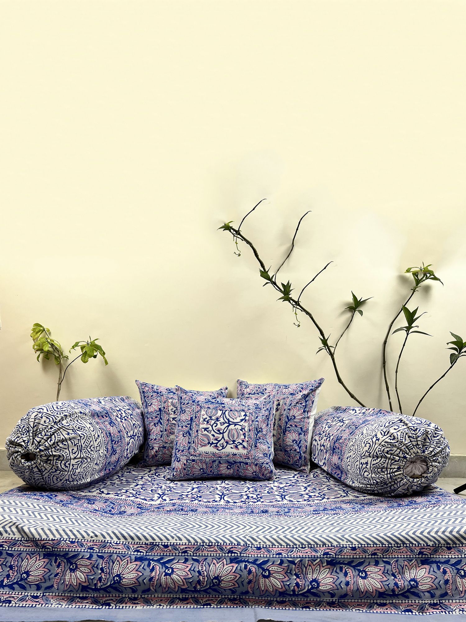 Kabshah Pure Cotton hand block Printed Diwan Set Steel Blue Pink