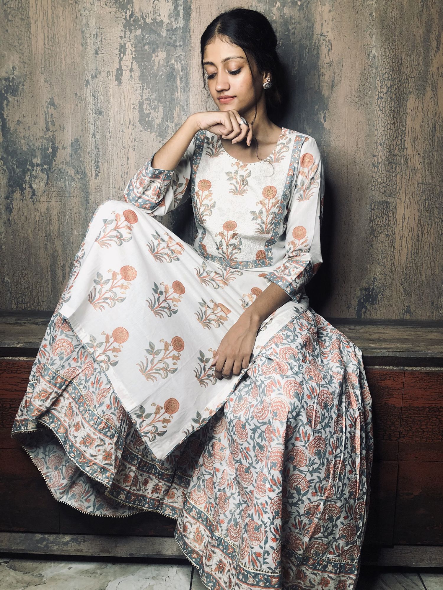 Khairiyat Pure Cotton Embroidered Kurta Sharara Set White Steel Grey