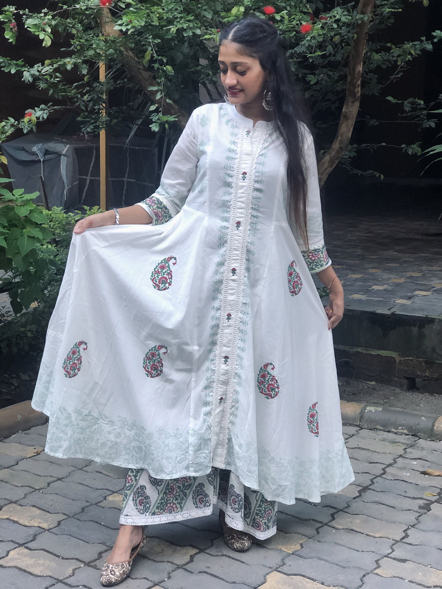 Khairiyat Pure Cotton Kalidar Kurta Pant Set White Green