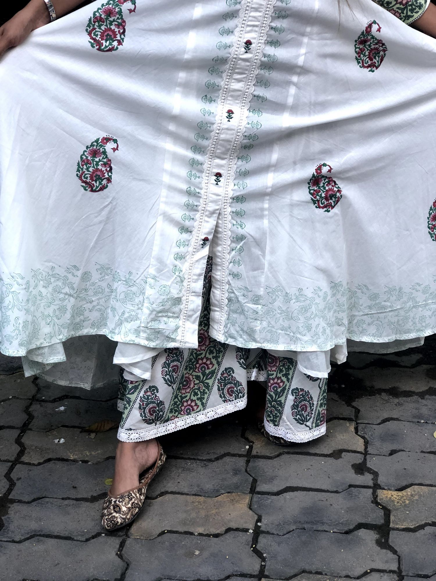Khairiyat Pure Cotton Kalidar Kurta Pant Set White Green