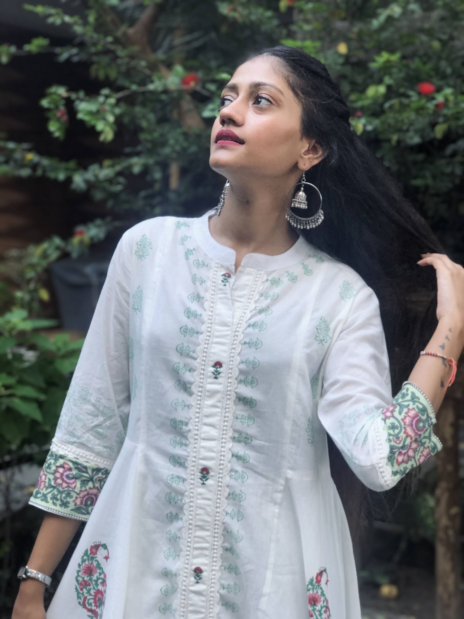 Khairiyat Pure Cotton Kalidar Kurta Pant Set White Green
