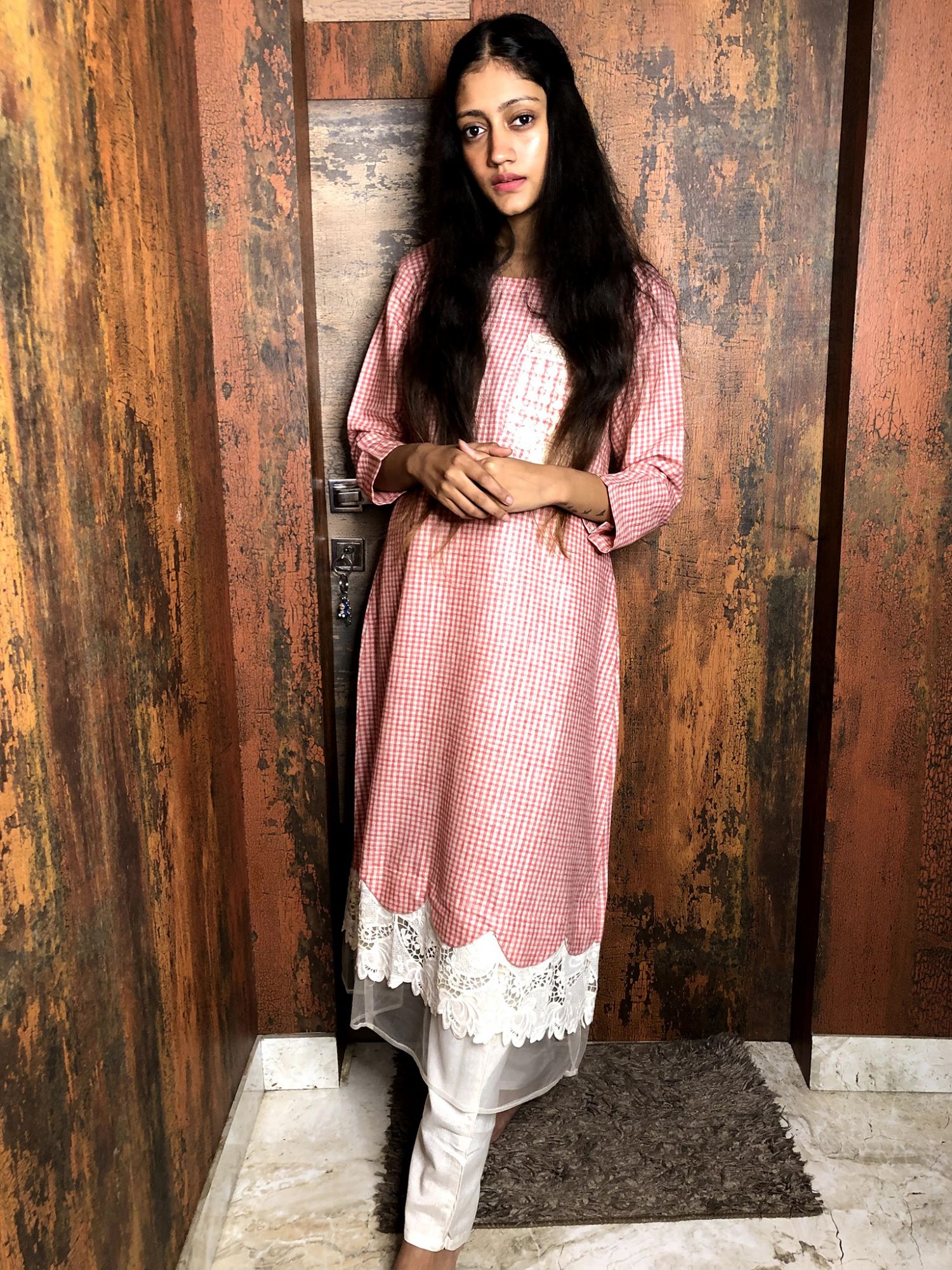 Khairiyat Pure Cotton Kurta Pant Set Red Beige