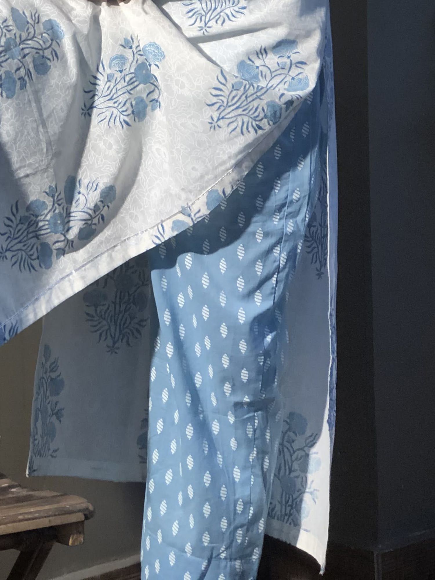 Khairiyat Pure Cotton Kurta Pant Set White Blue