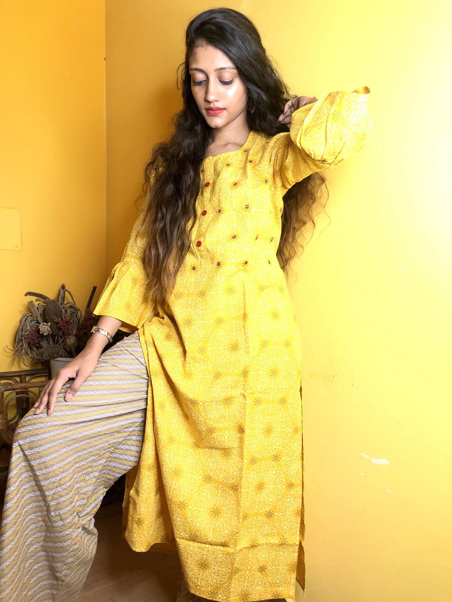 Khairiyat Pure Cotton Kurta Pant Set Yellow Brown