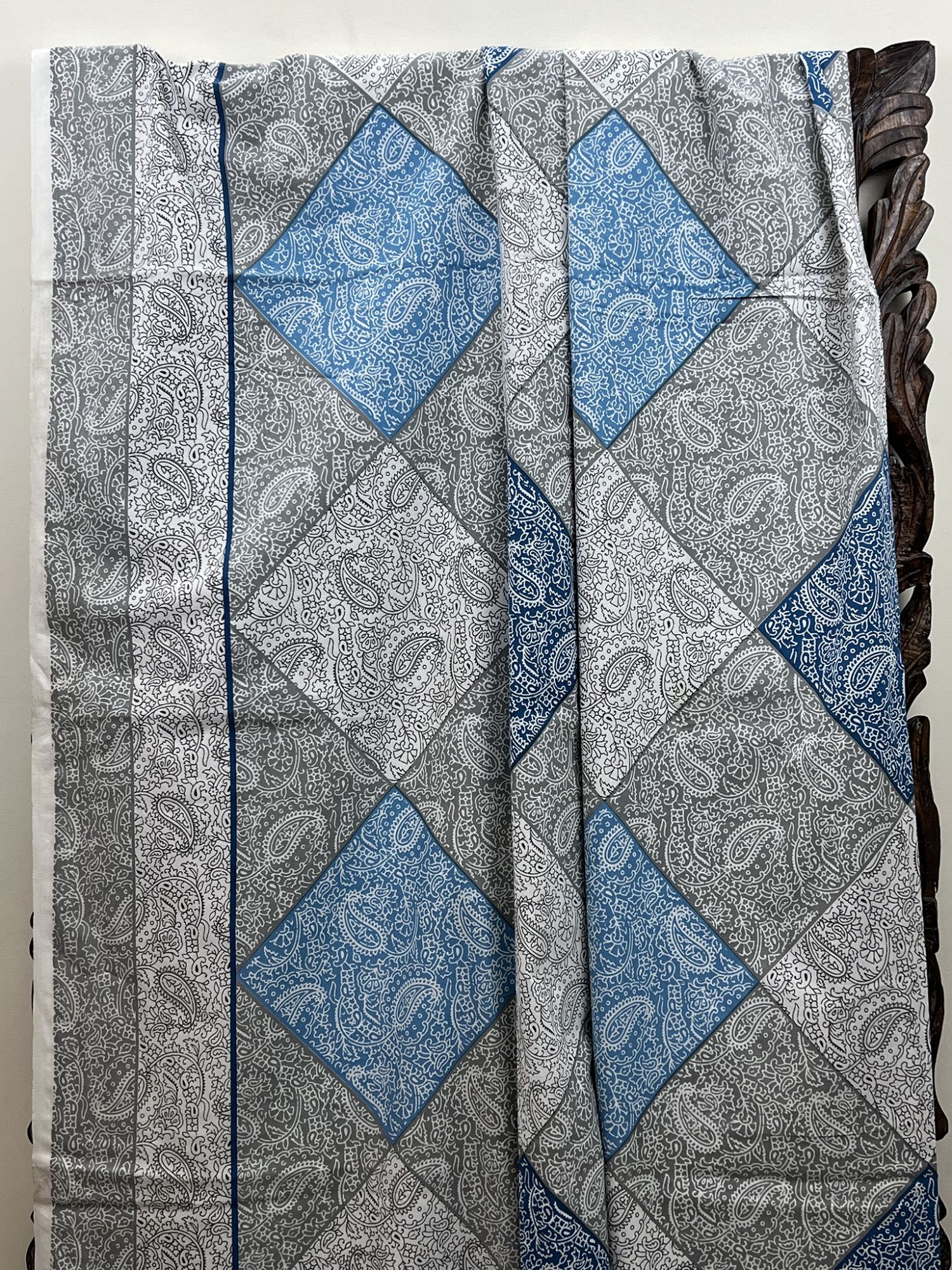 Mughal Jaal Pure Cotton Handmade Artisanal Kingsize Double Bedsheet Floral Checks Grey Blue