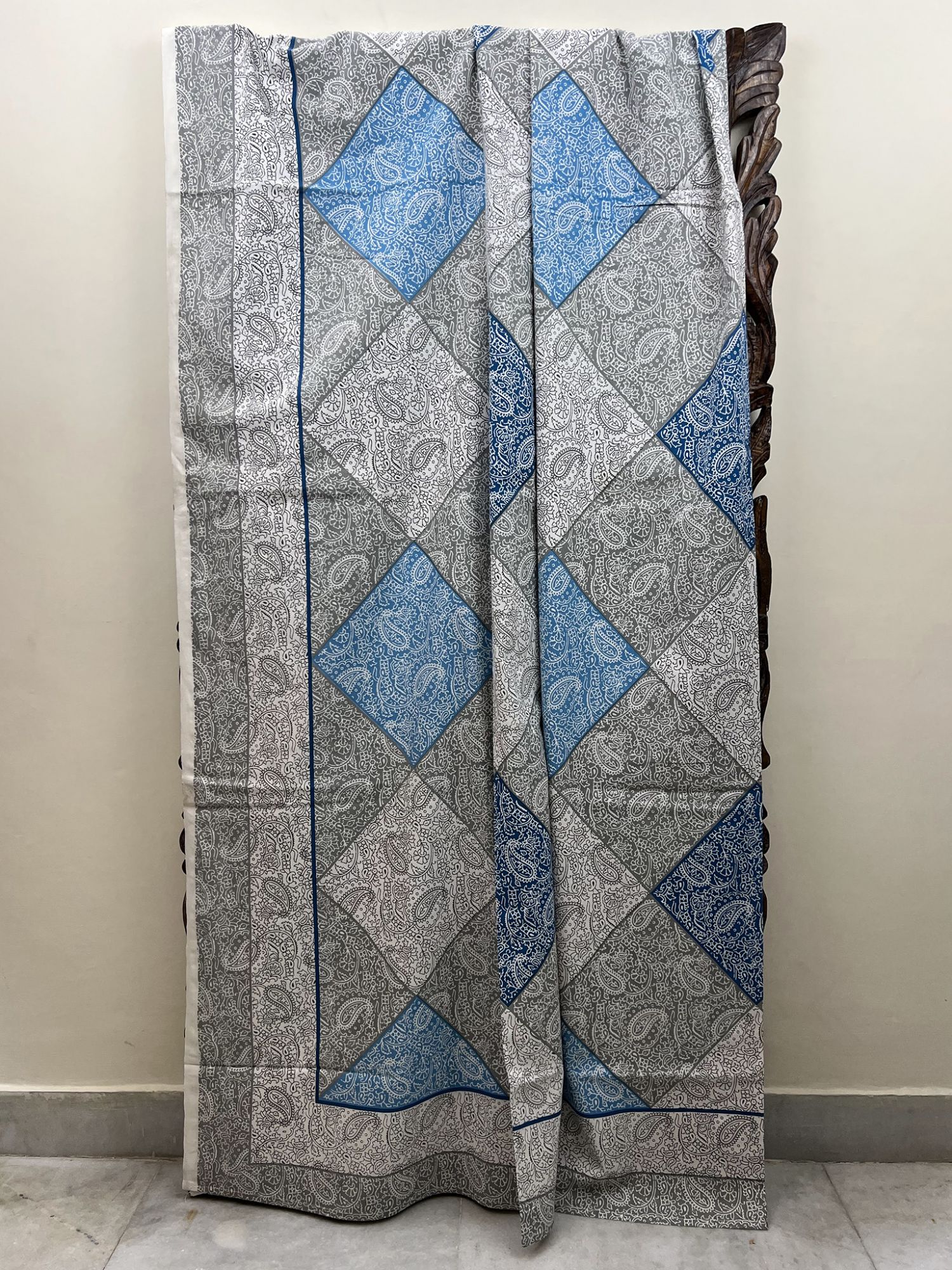 Mughal Jaal Pure Cotton Handmade Artisanal Kingsize Double Bedsheet Floral Checks Grey Blue