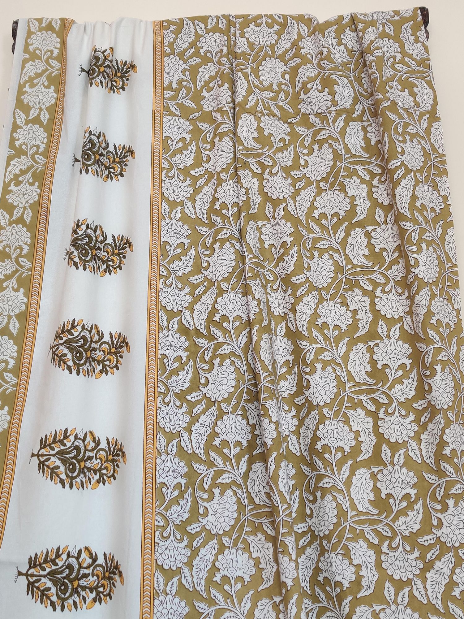 Mughal Jaal Pure Cotton Handmade Artisanal Kingsize Double Bedsheet Floral in All White Pattern Mehendi Green