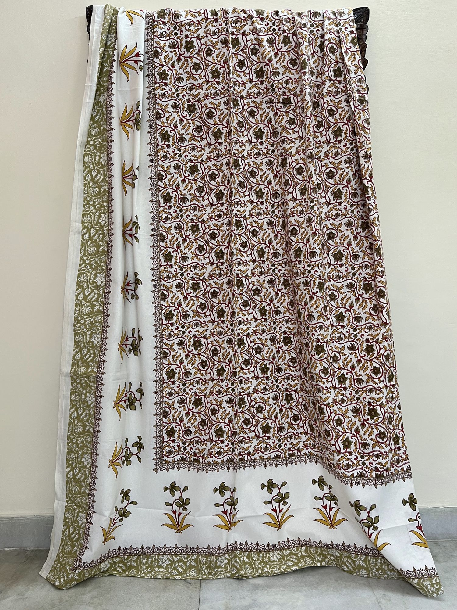 Nakshikatha Pure Cotton Handmade Artisanal Kingsize Double Bedsheet Iris Flower Motif Dark Green Yellow