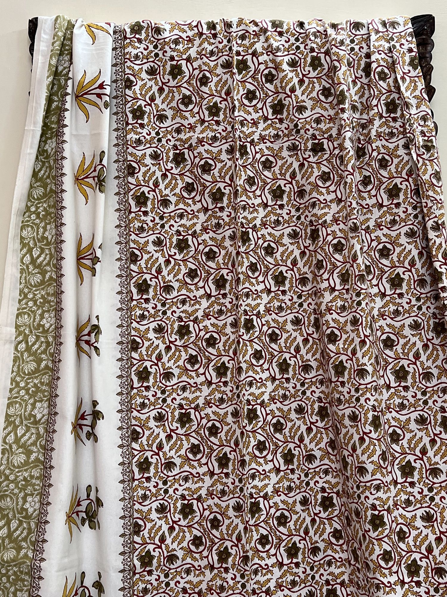 Nakshikatha Pure Cotton Handmade Artisanal Kingsize Double Bedsheet Iris Flower Motif Dark Green Yellow