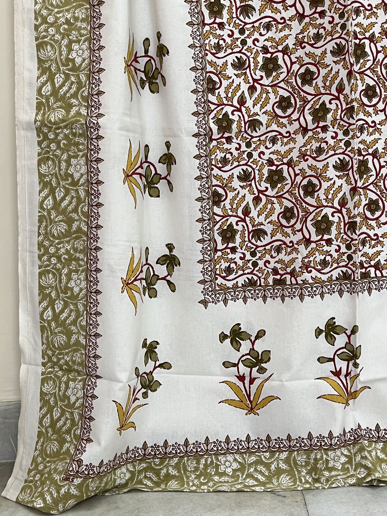 Nakshikatha Pure Cotton Handmade Artisanal Kingsize Double Bedsheet Iris Flower Motif Dark Green Yellow