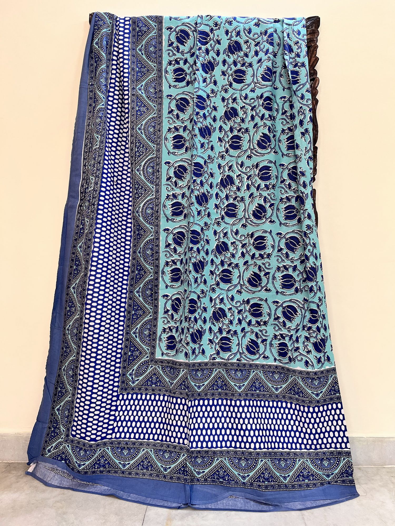 Phulwadi Pure Cotton Queen Size Bedsheet Blue Floral