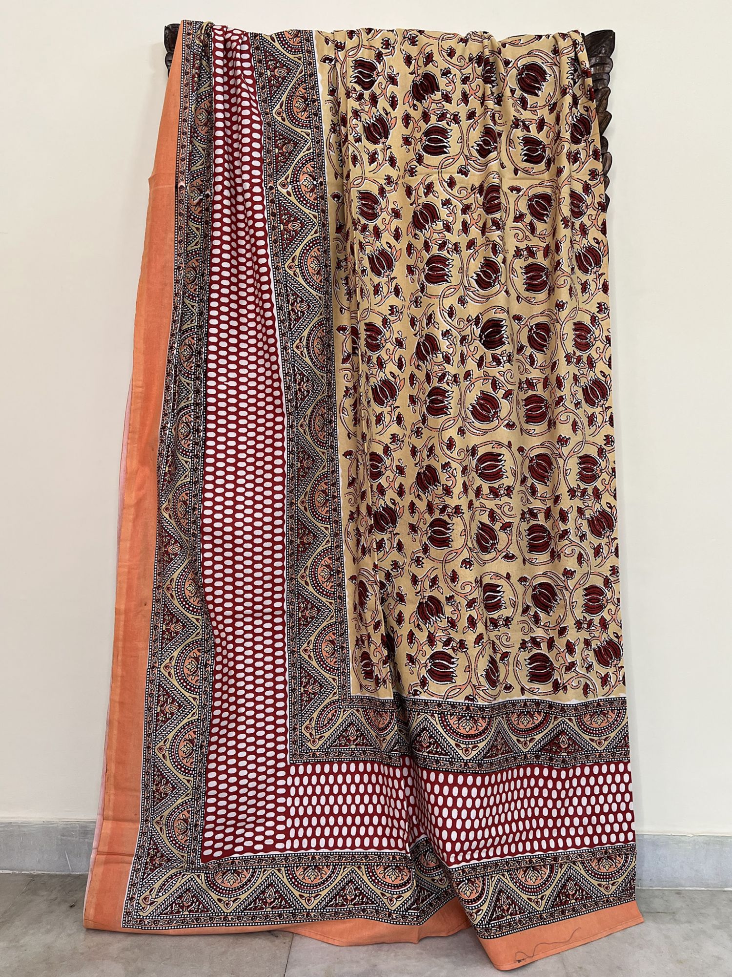 Phulwadi Pure Cotton Queen Size Bedsheet Brownish Yellow Floral