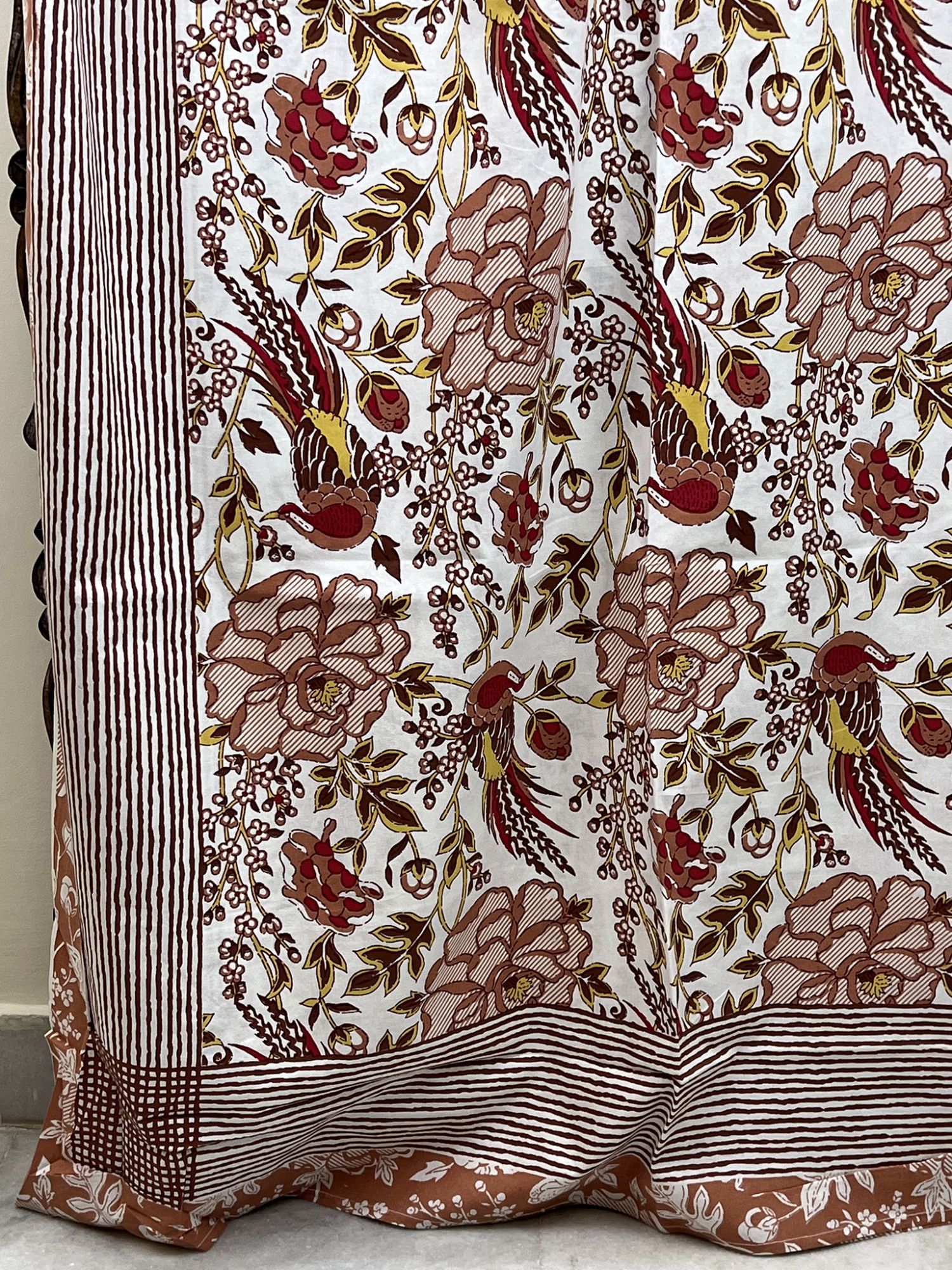 Seher Pure Cotton Handmade Artisanal Kingsize Double Bedsheet Floral with Bird Motif Light Brown Yellow