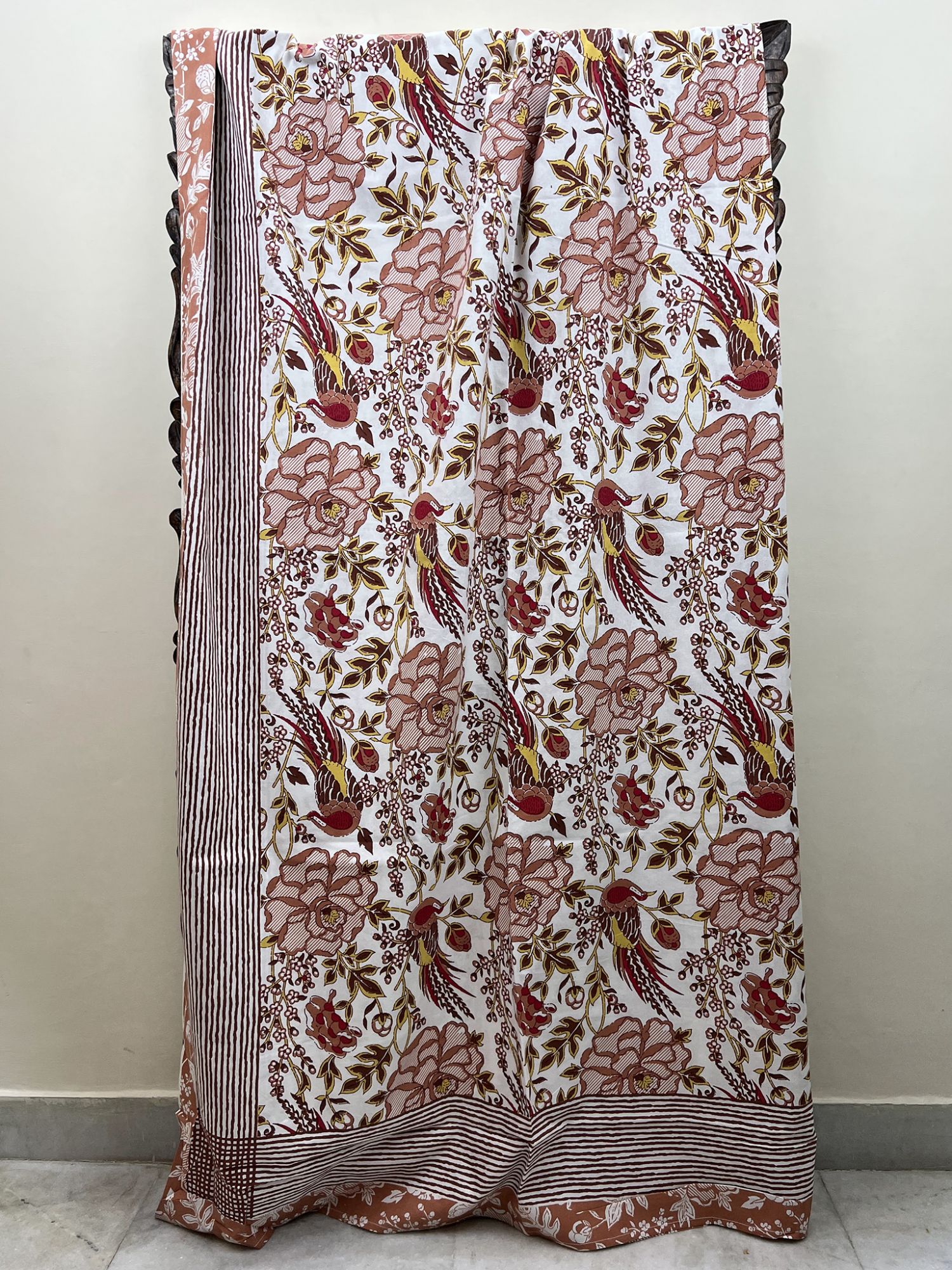 Seher Pure Cotton Handmade Artisanal Kingsize Double Bedsheet Floral with Bird Motif Light Brown Yellow