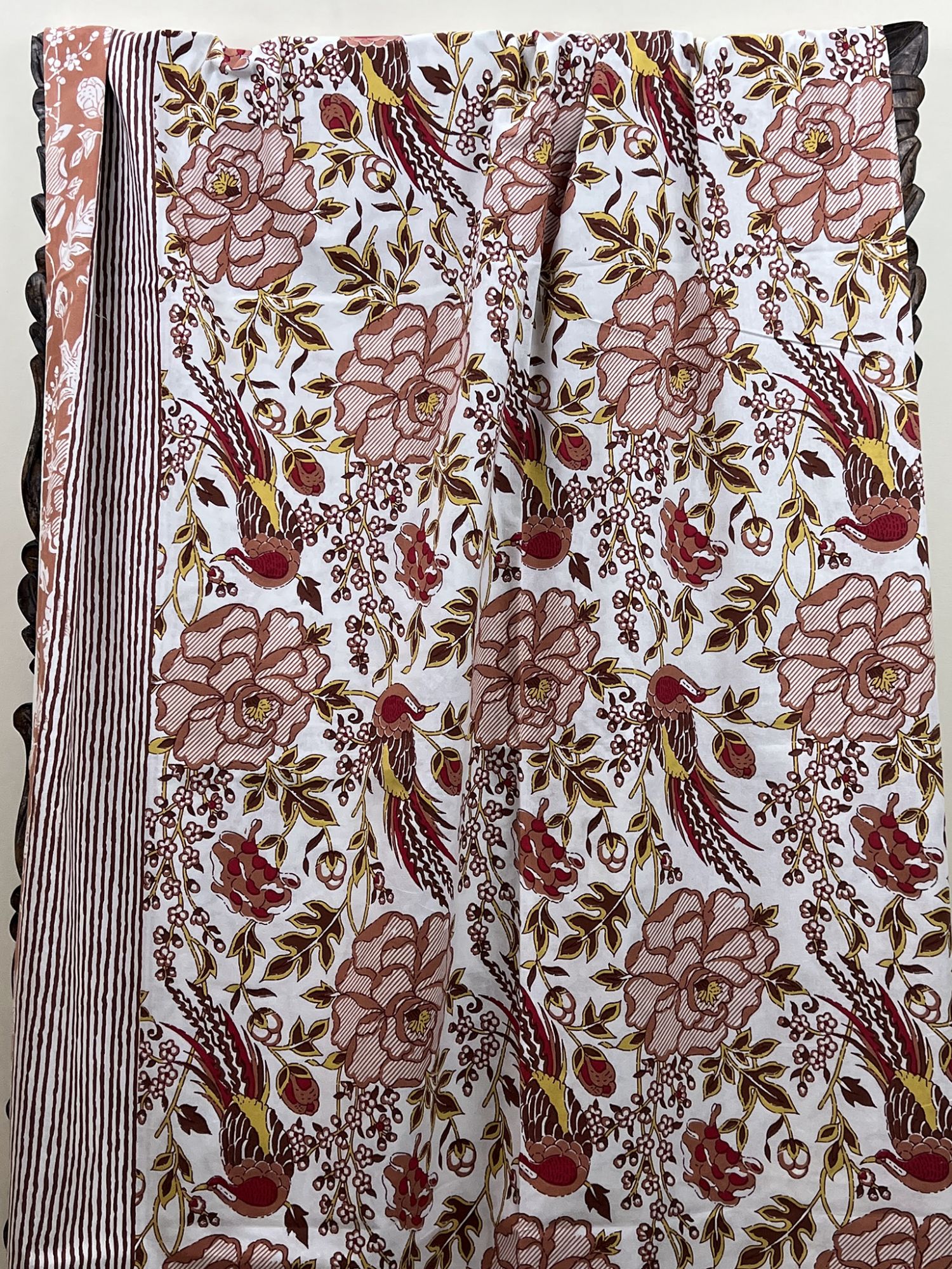 Seher Pure Cotton Handmade Artisanal Kingsize Double Bedsheet Floral with Bird Motif Light Brown Yellow