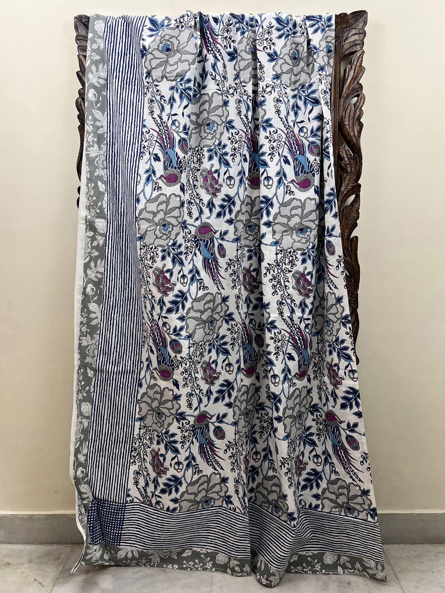 Seher Pure Cotton Handmade Artisanal Kingsize Double Bedsheet Floral with Bird Motif Purple Light Grey Blue