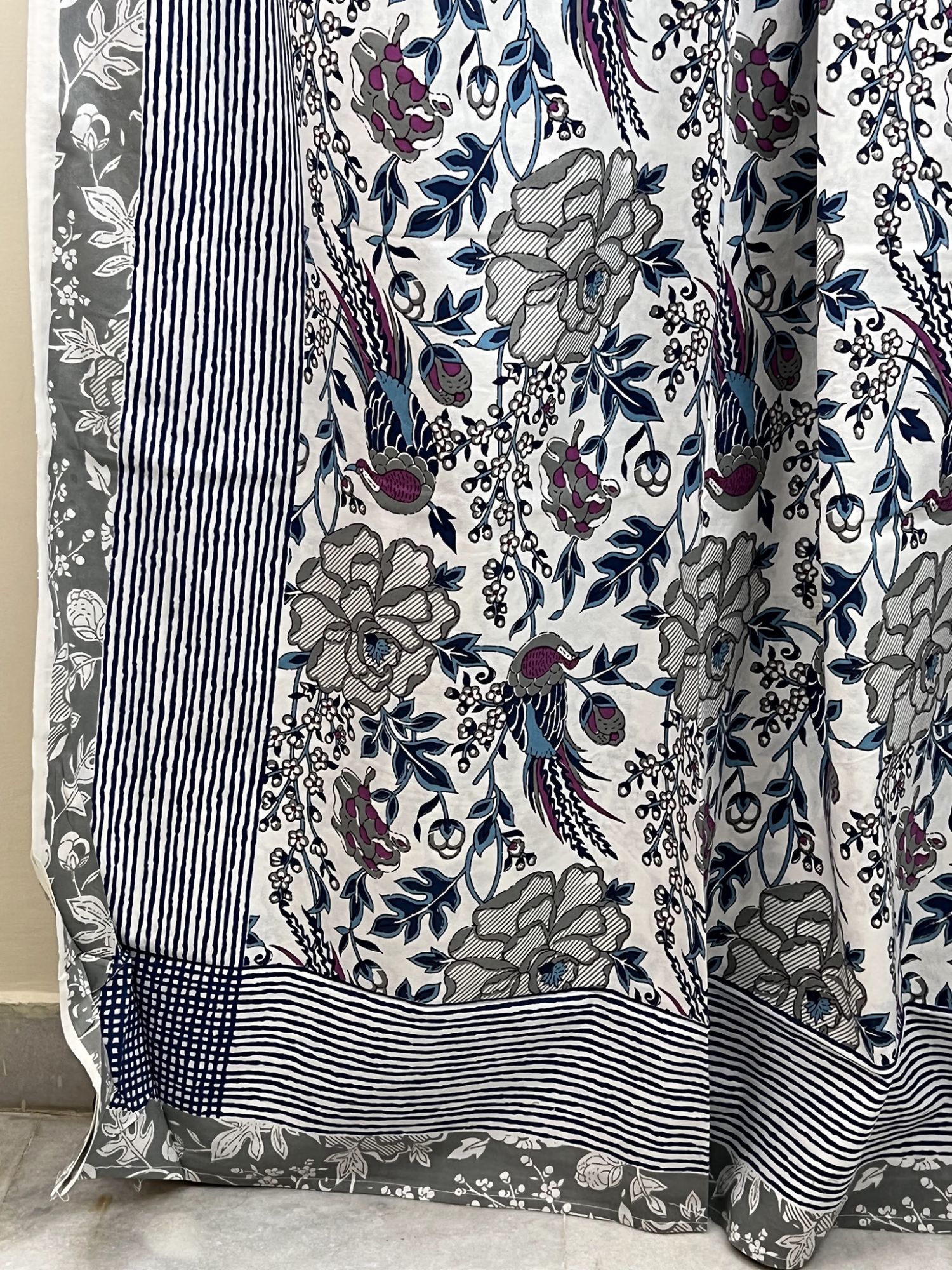 Seher Pure Cotton Handmade Artisanal Kingsize Double Bedsheet Floral with Bird Motif Purple Light Grey Blue