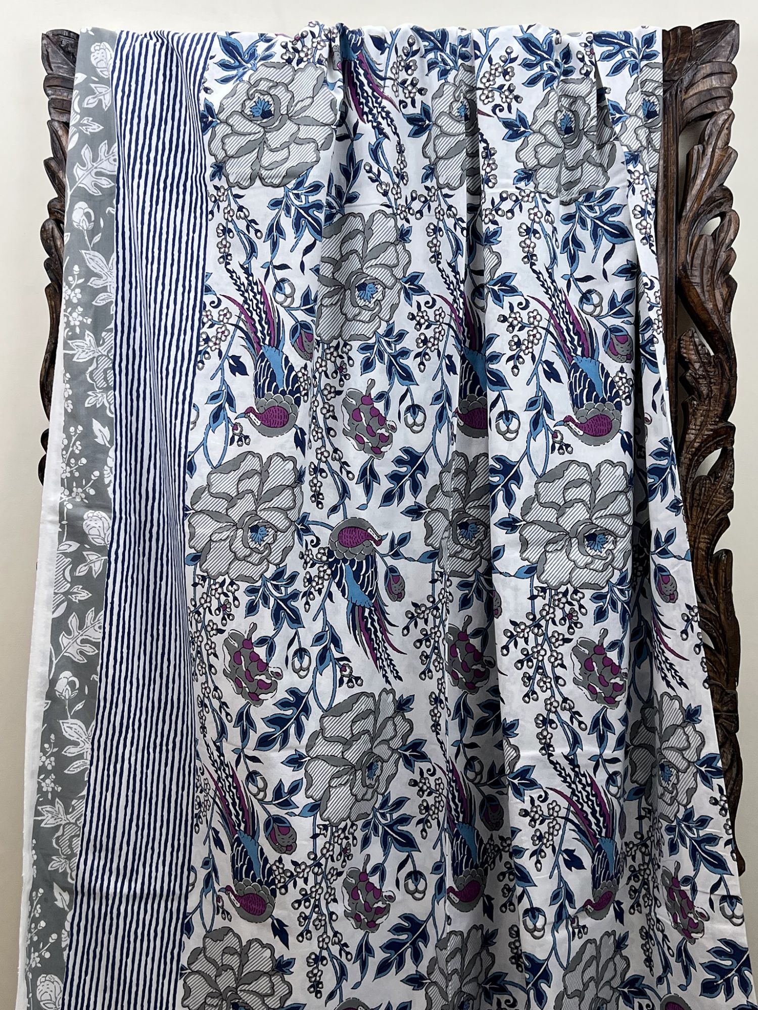Seher Pure Cotton Handmade Artisanal Kingsize Double Bedsheet Floral with Bird Motif Purple Light Grey Blue