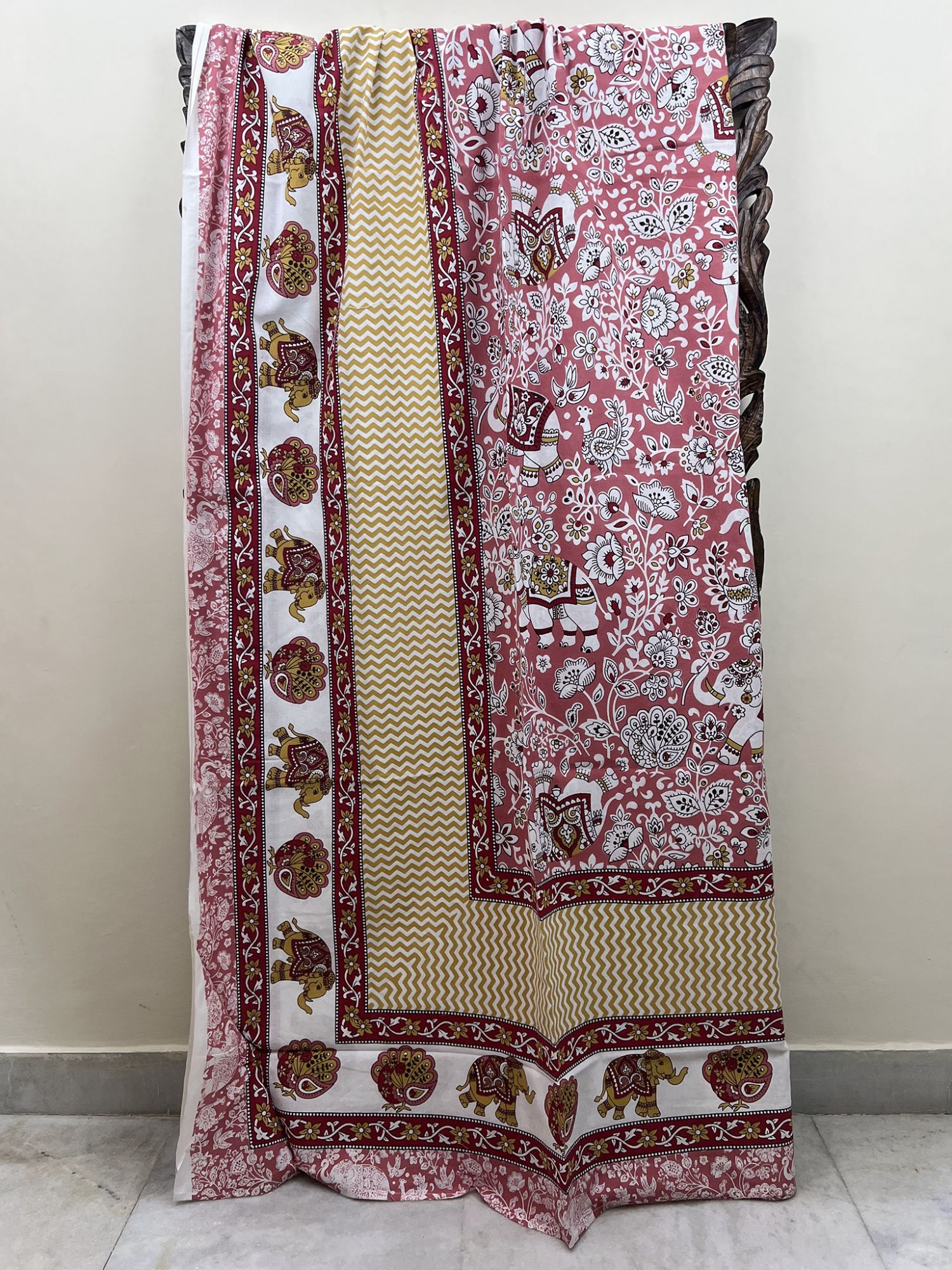 Seher Pure Cotton Handmade Artisanal Kingsize Double Bedsheet Floral with Elephant Peacock Motif Gajri