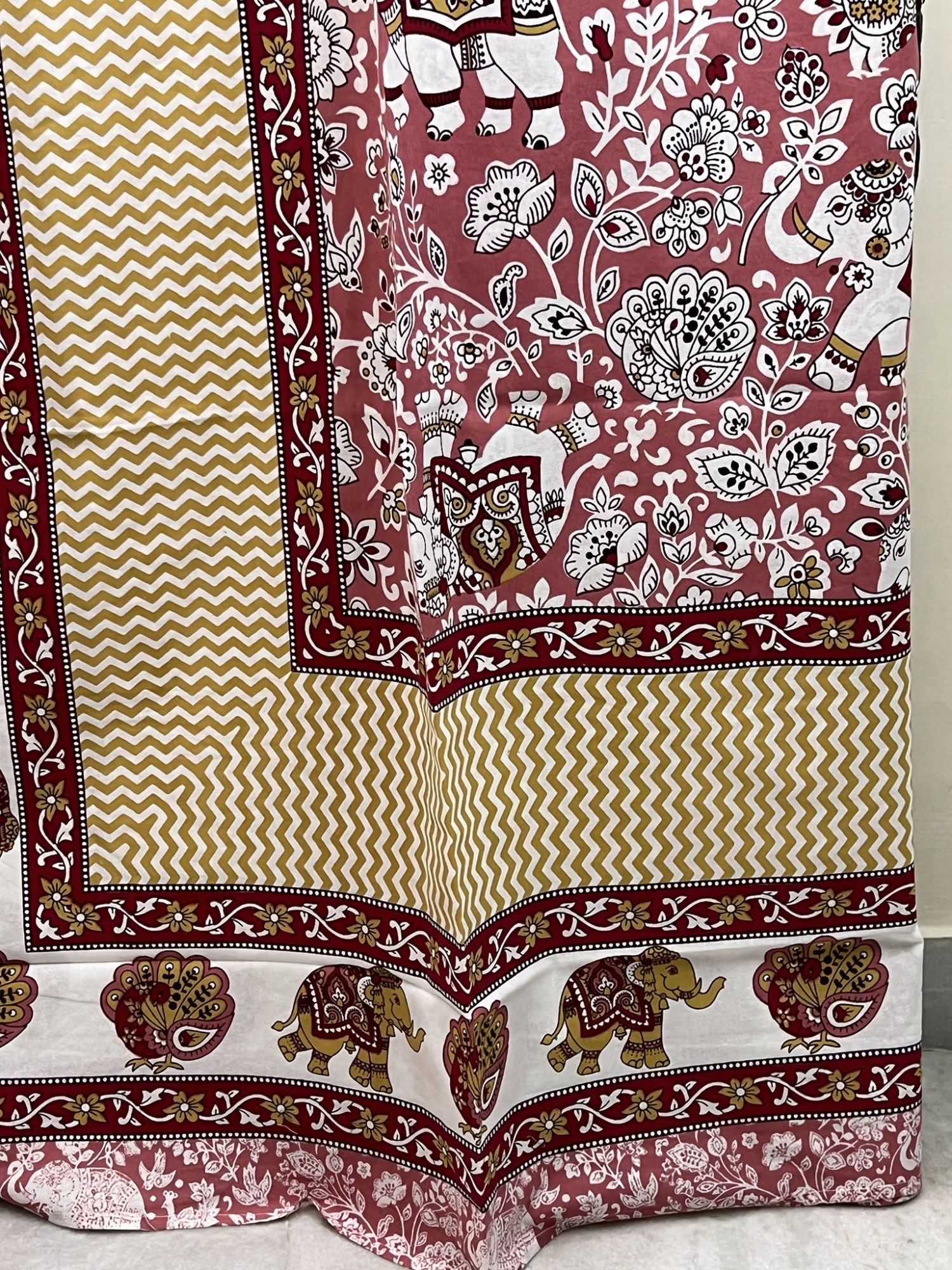 Seher Pure Cotton Handmade Artisanal Kingsize Double Bedsheet Floral with Elephant Peacock Motif Gajri