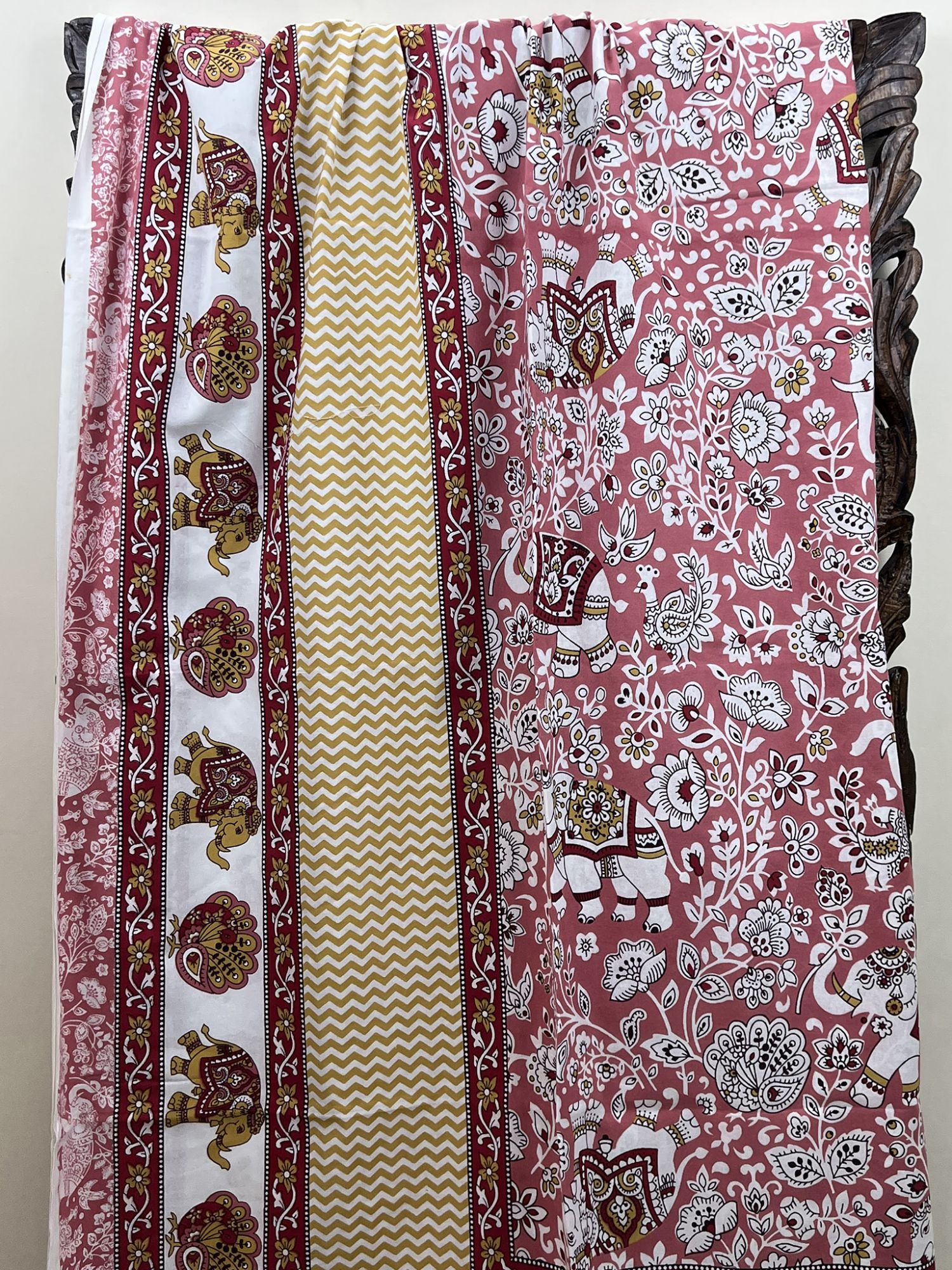 Seher Pure Cotton Handmade Artisanal Kingsize Double Bedsheet Floral with Elephant Peacock Motif Gajri