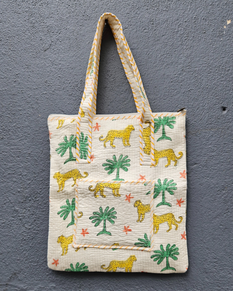 Block printed Quilted tote bag with Pouch - Laptop bag - Multipurpose Bags.