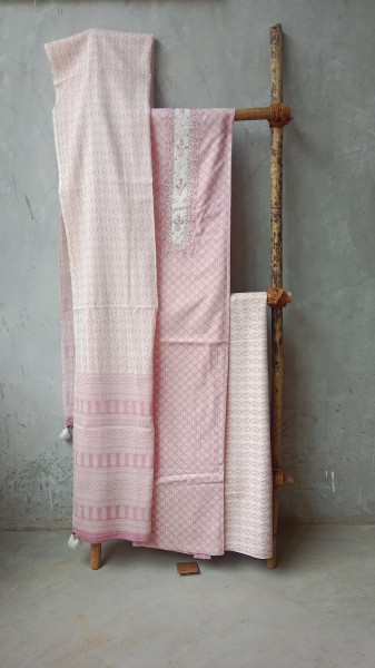 HandBlock Print Cotton Dress Material with Embroidery