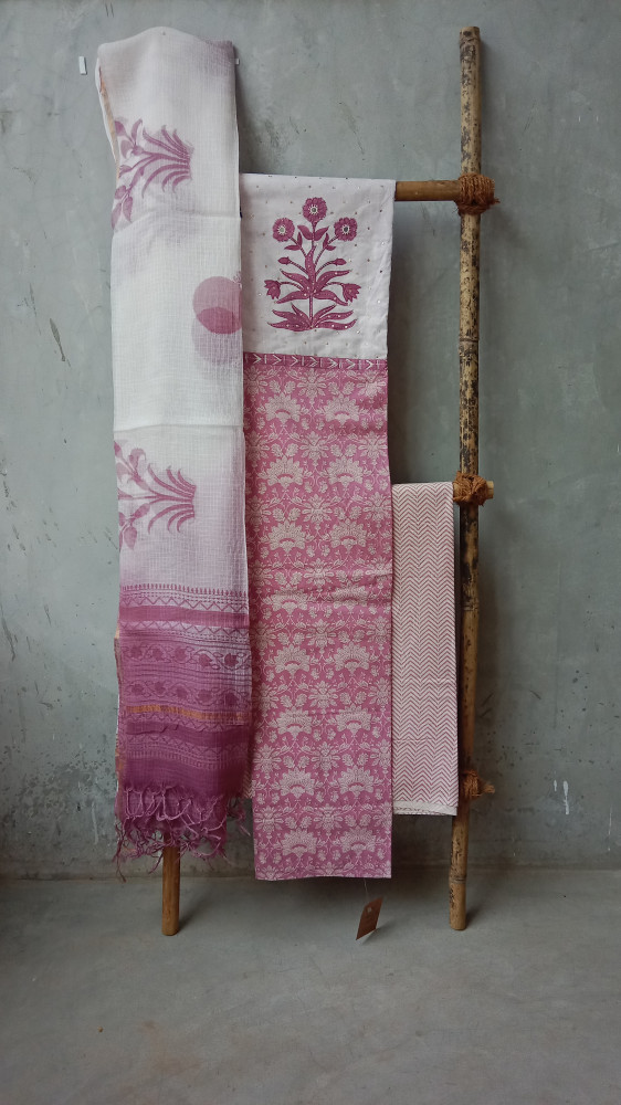 Image of HandBlock Print Cotton Dress Material with Embroidery