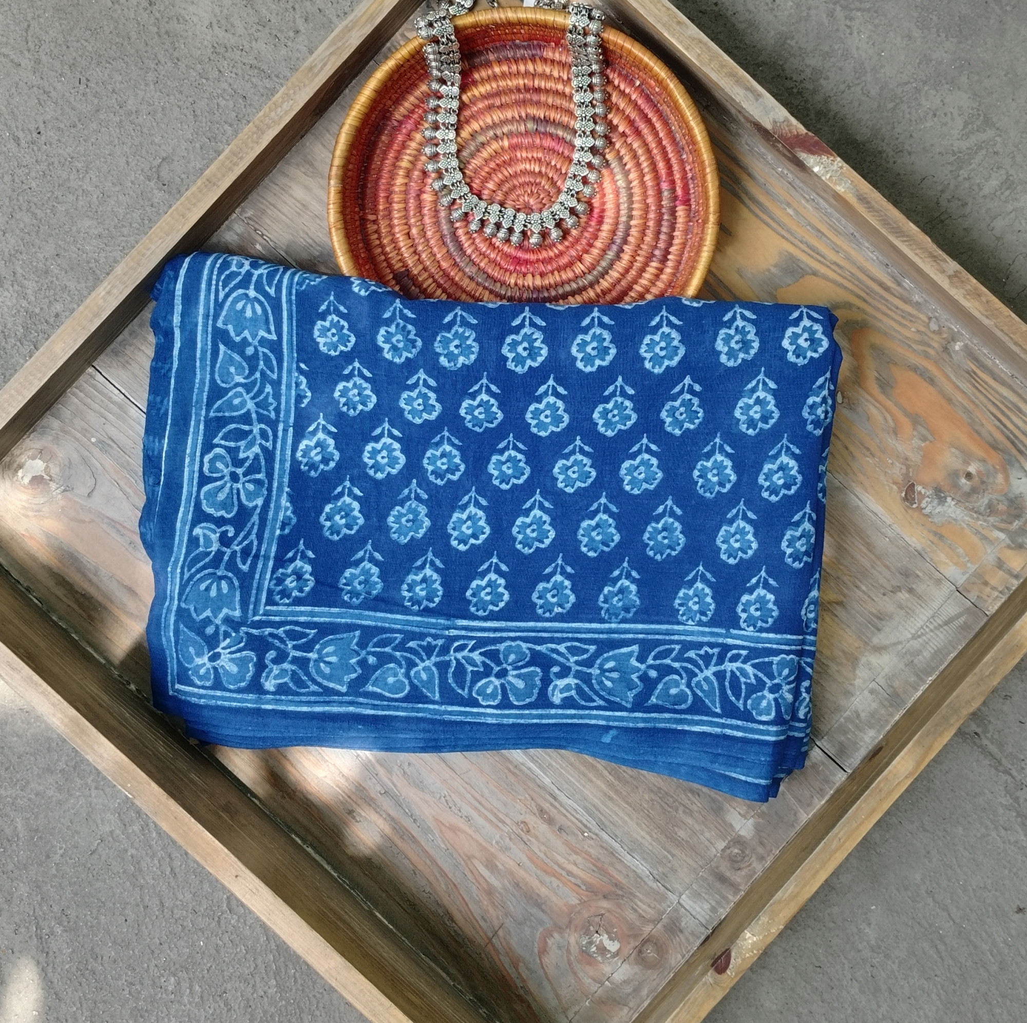 Indigo Handblock Cotton Saree