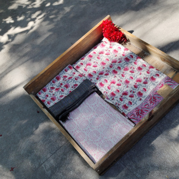 Handblock Slub Cotton Unstitched Dress Material